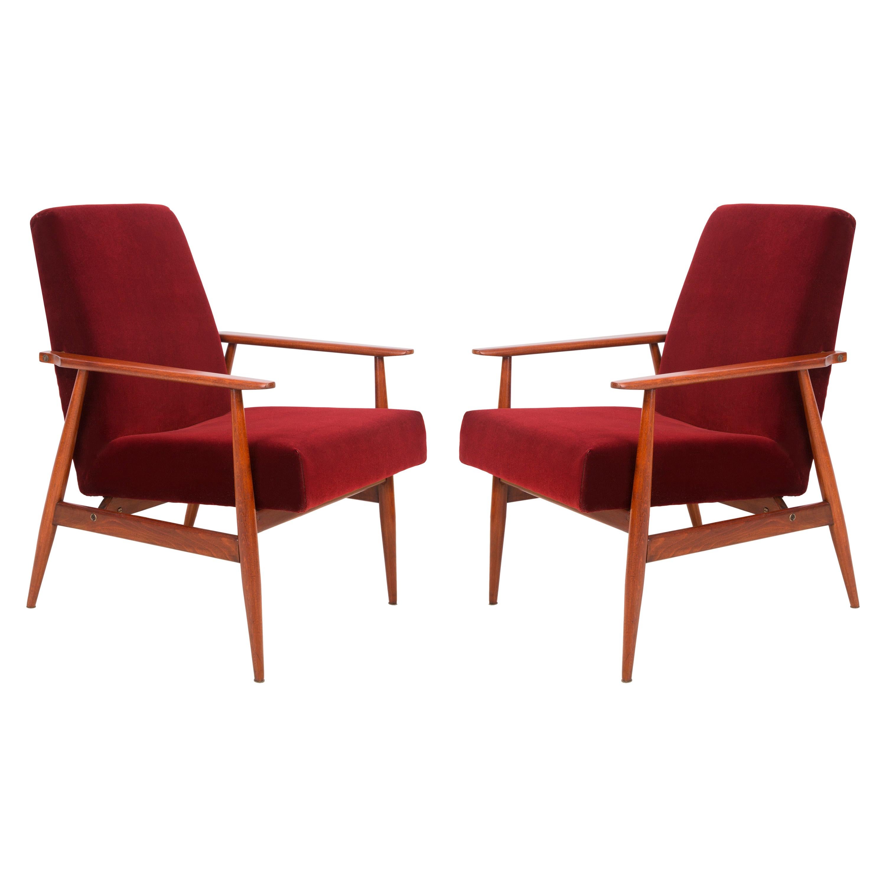 Set of Two 20th Century Burgundy Dark Red Dante Armchairs, H. Lis, 1960s For Sale