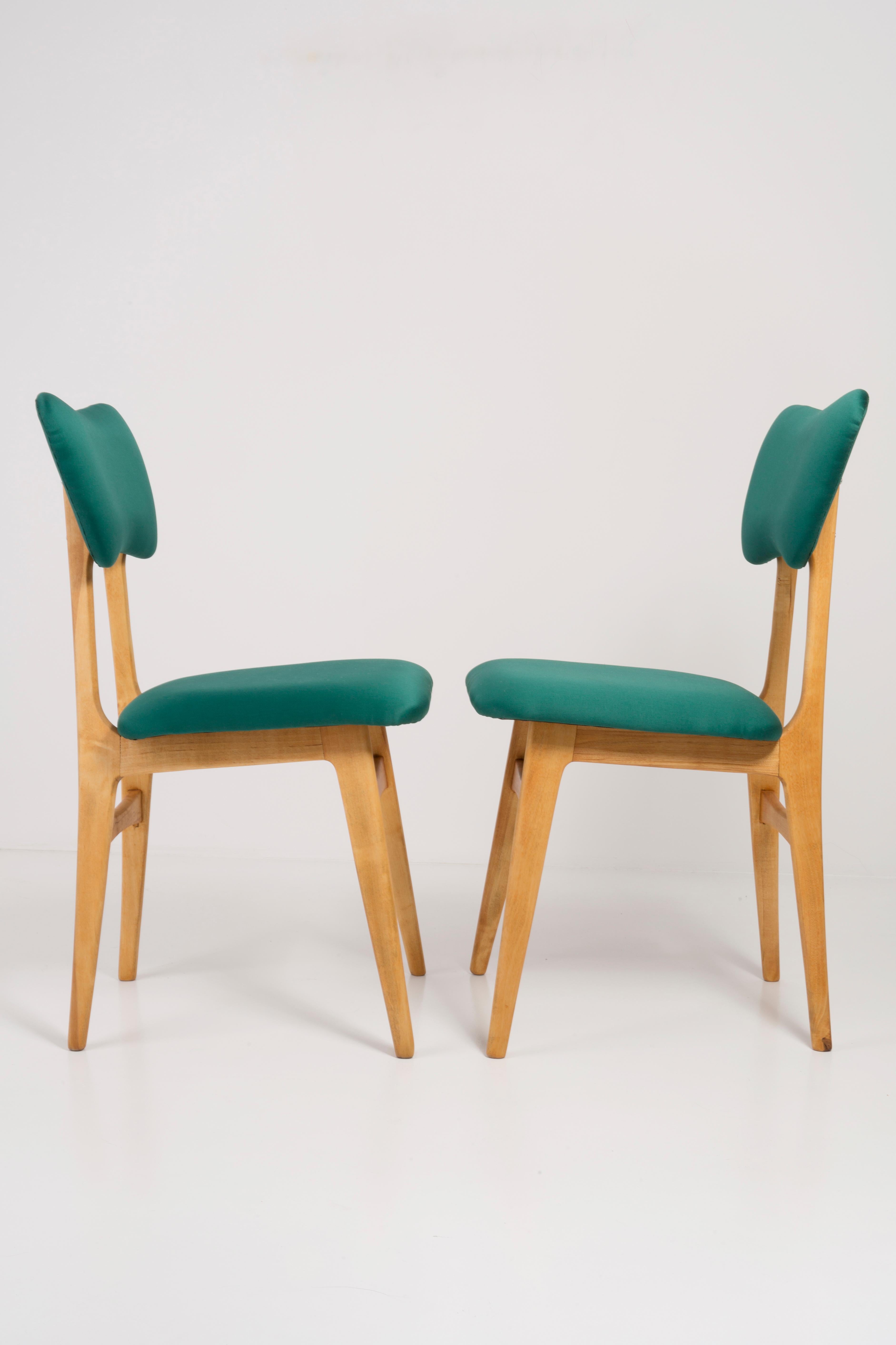 Chairs designed by Prof. Rajmund Halas. Made of beechwood. Chair is after a complete upholstery renovation; the woodwork has been refreshed. Seat and back is dressed in green, beautiful, high quality Dedar Tabularasa fabric. Tablarasa is an