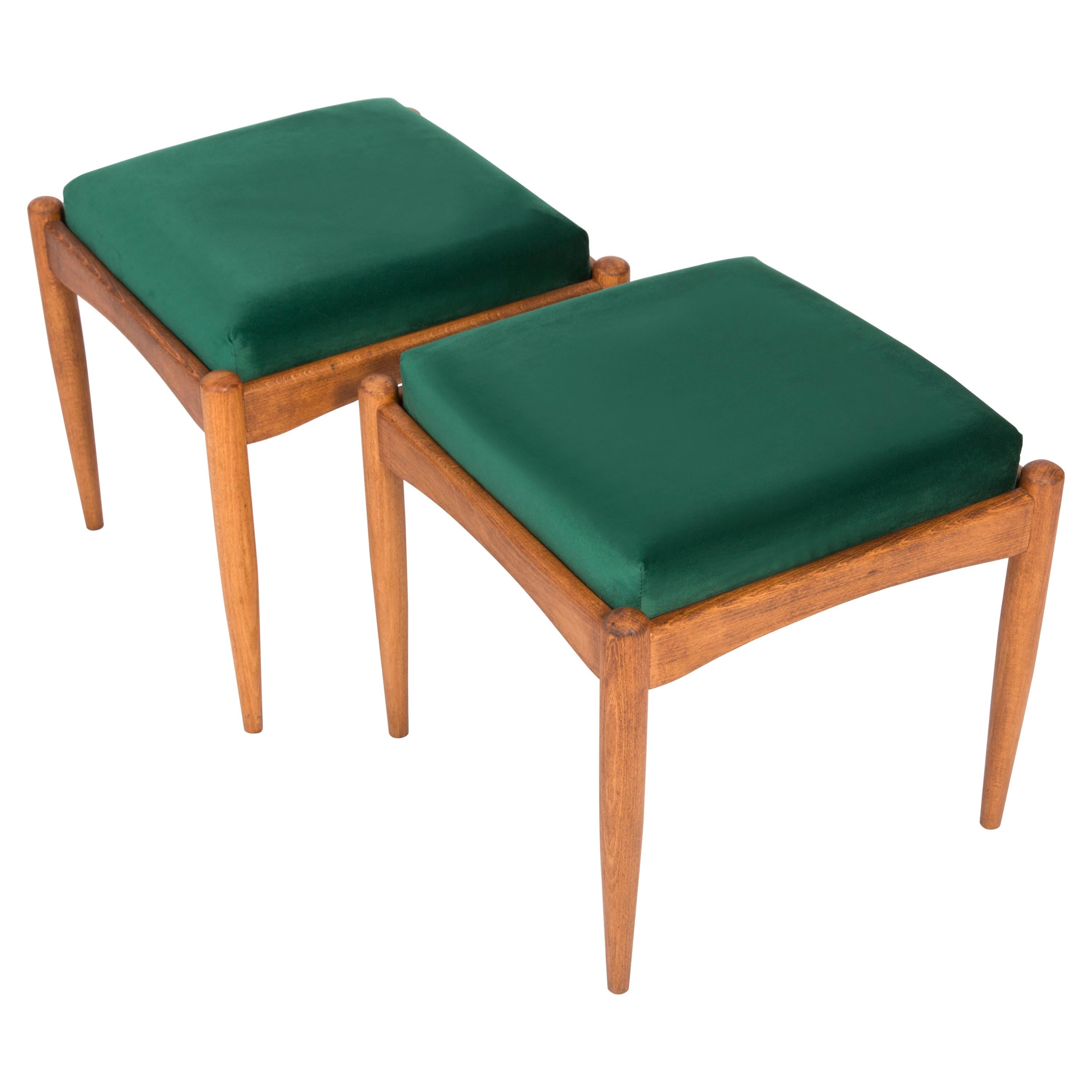 Stools from the turn of the 1960s and 1970s. Beautiful velvet green upholstery. The stools consists of an upholstered part, a seat and wooden legs narrowing downwards, characteristic of the 1960s style. We can prepare this pair also in another color