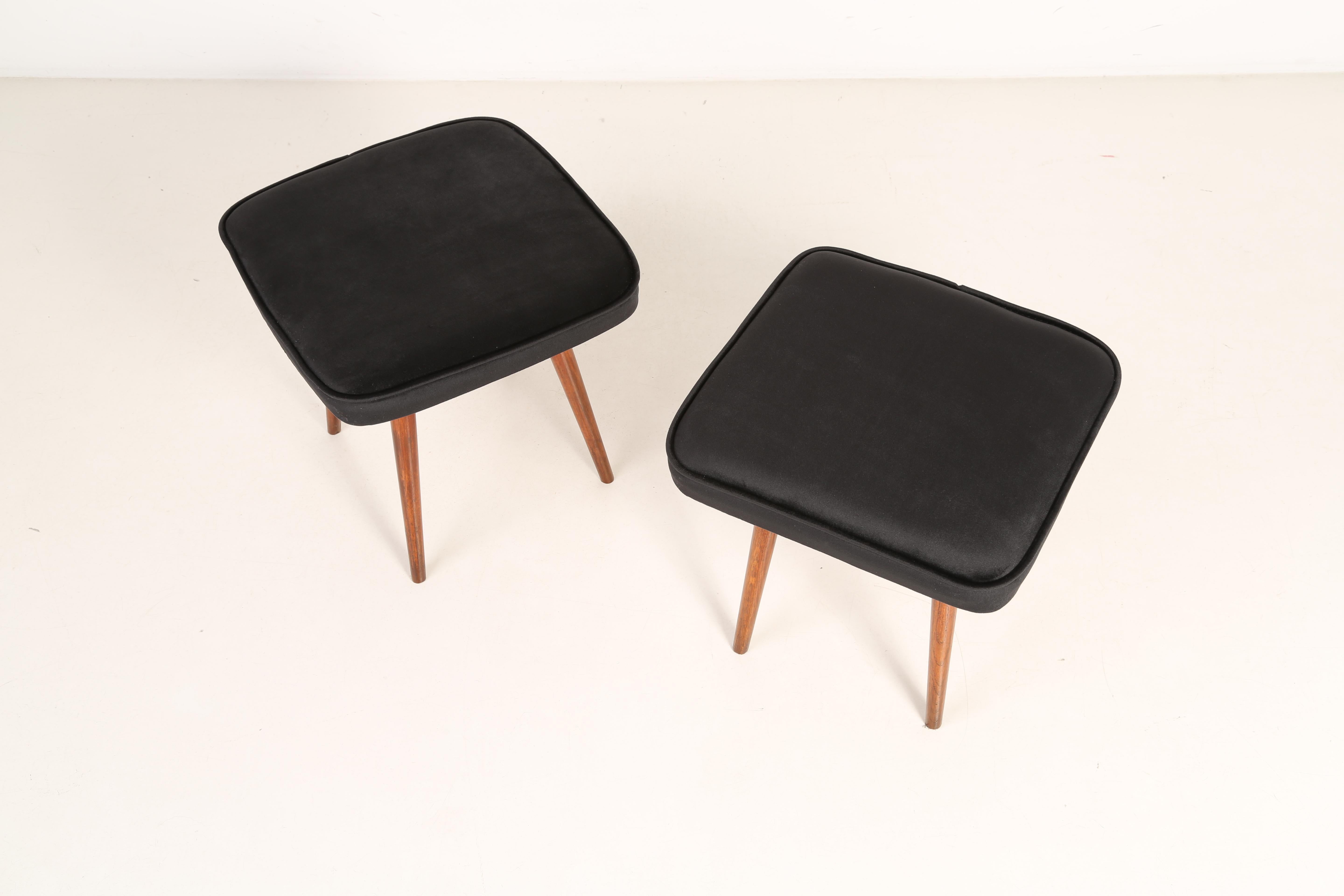 Mid-Century Modern Set of Two 20th Century Mini Black Velvet Stools, 1960s For Sale