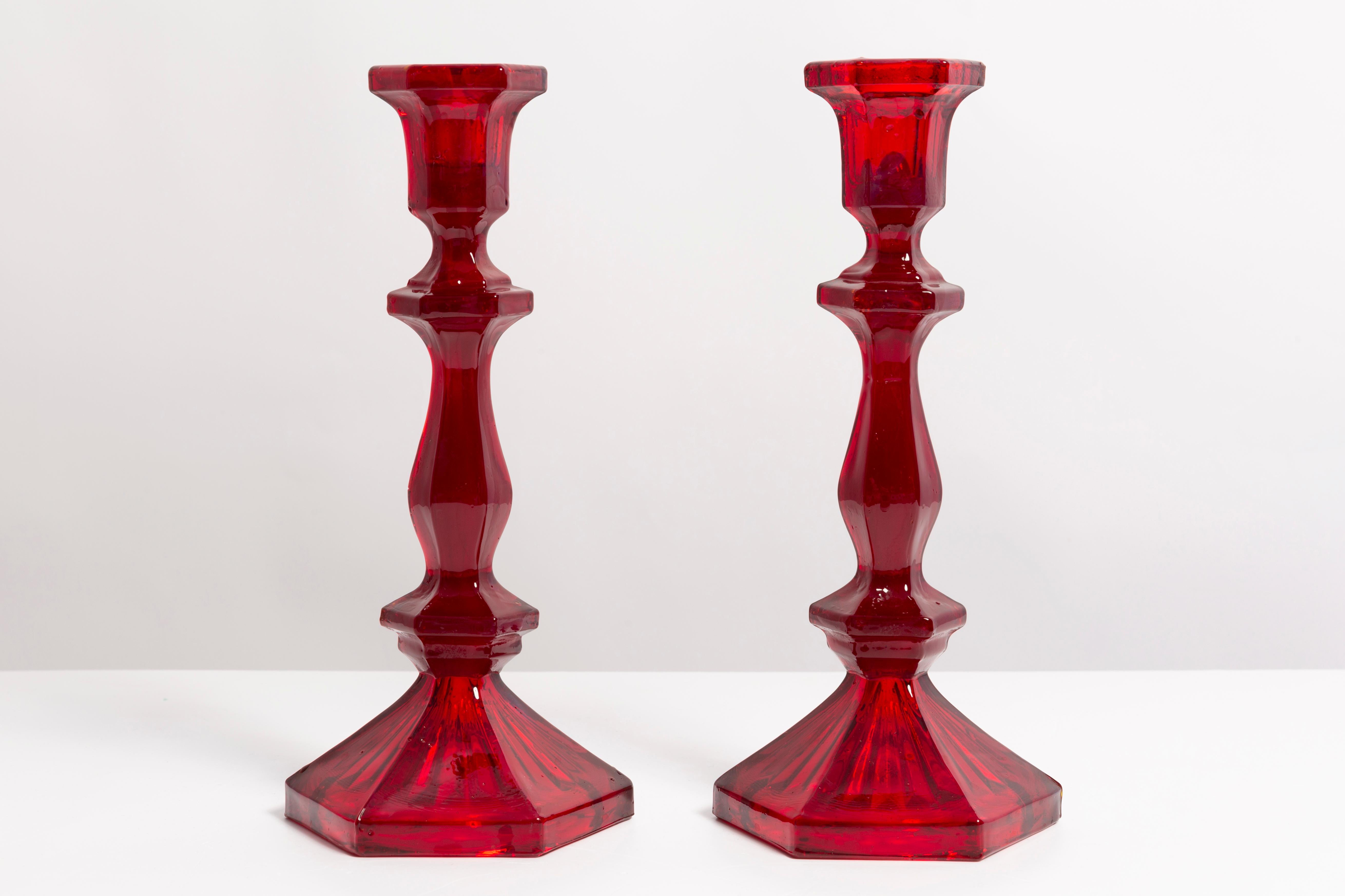 Set of two mid-century Polish modern glass candlesticks, circa 1960. Very good condition. No damages. Beautiful red glass.