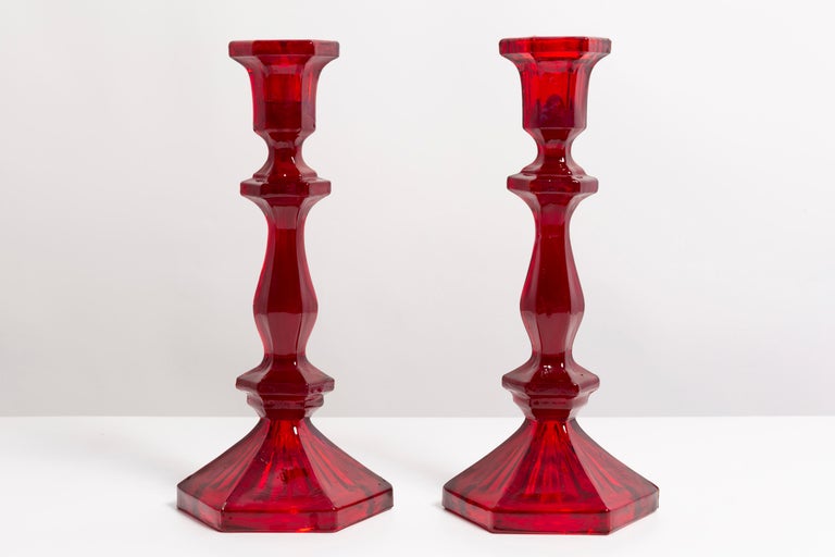 Set of Two 20th Century Red Glass Candlesticks, 1960s at 1stDibs