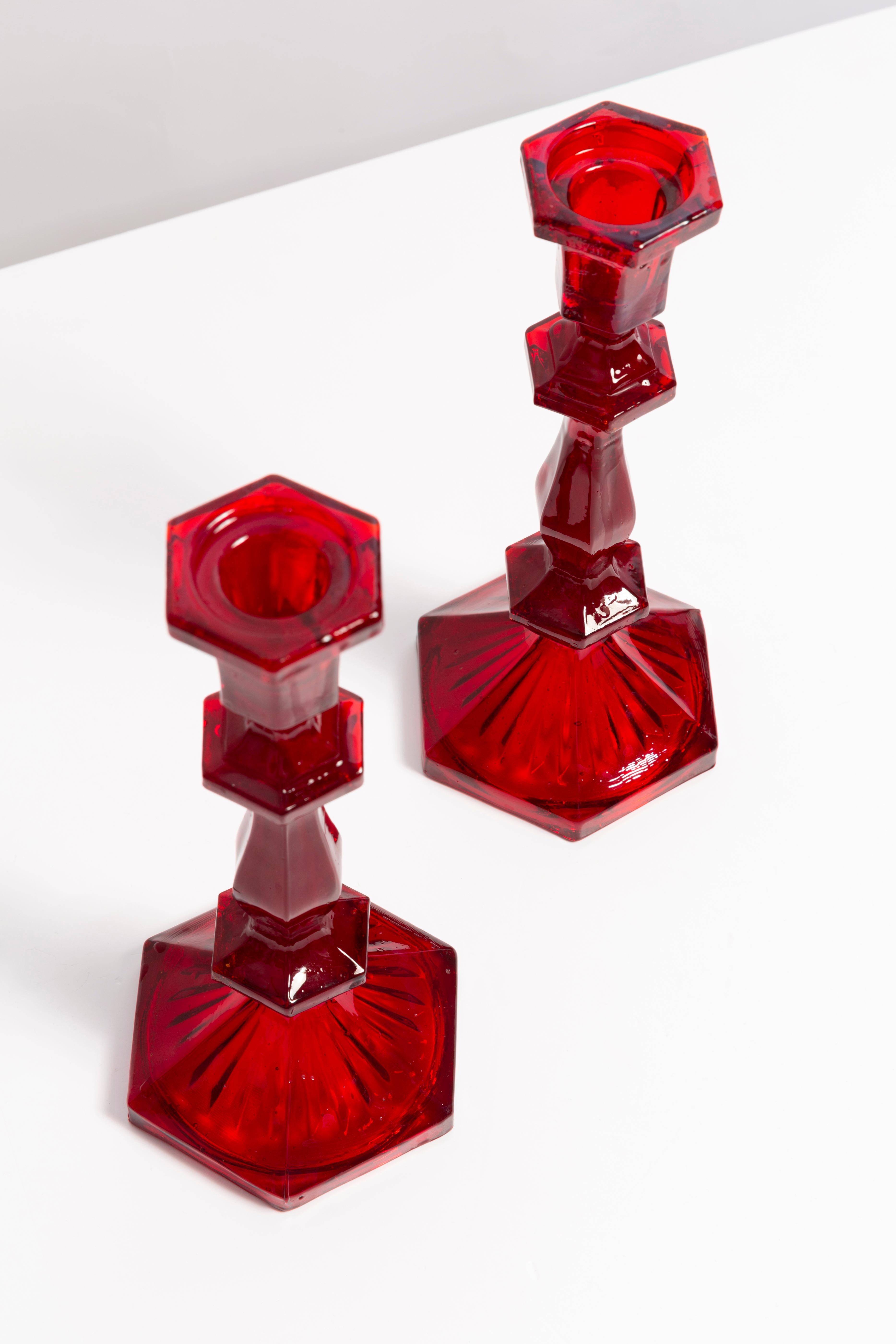 Polish Set of Two 20th Century Red Glass Candlesticks, 1960s