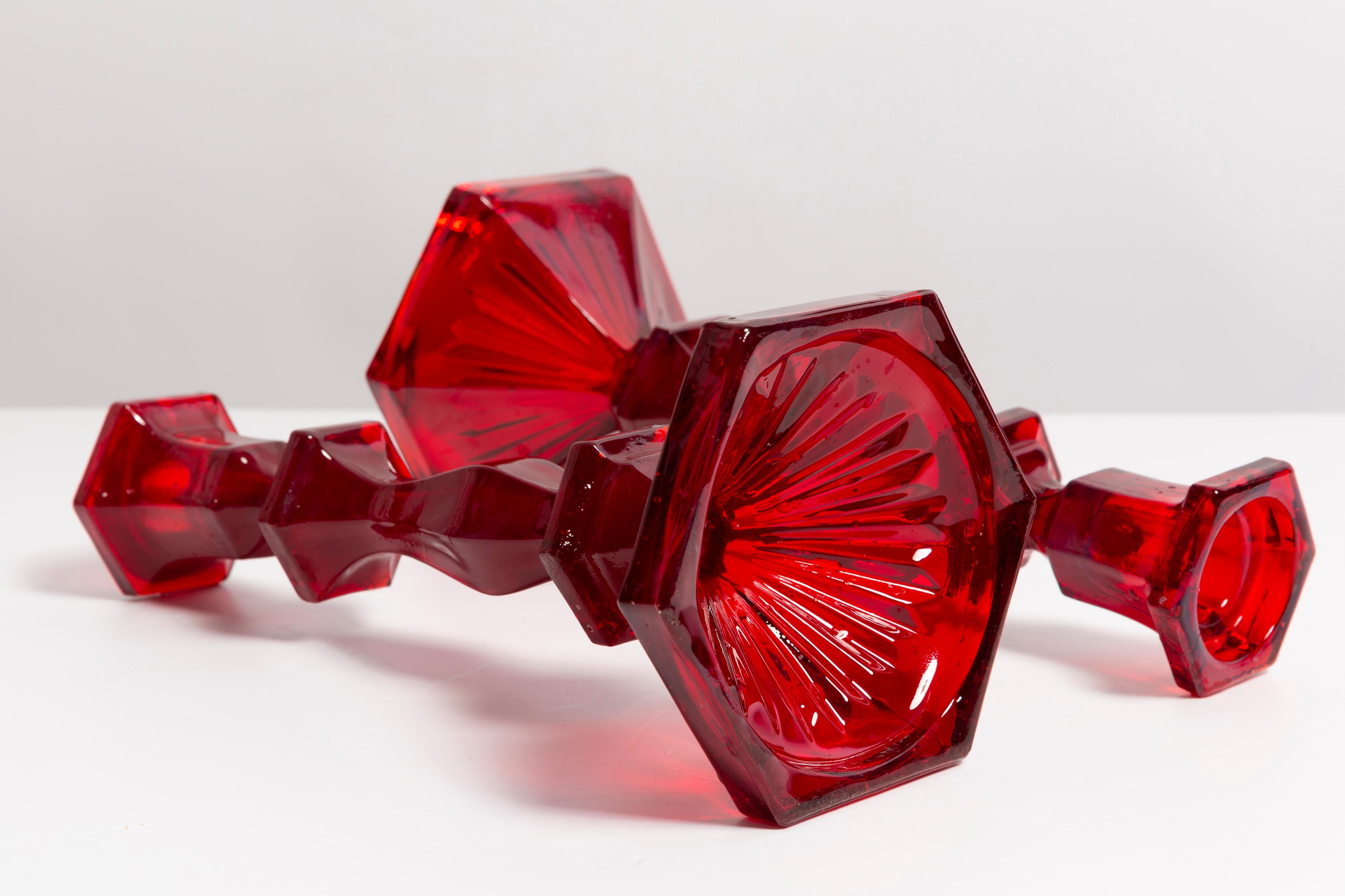 Set of Two 20th Century Red Glass Candlesticks, 1960s 1
