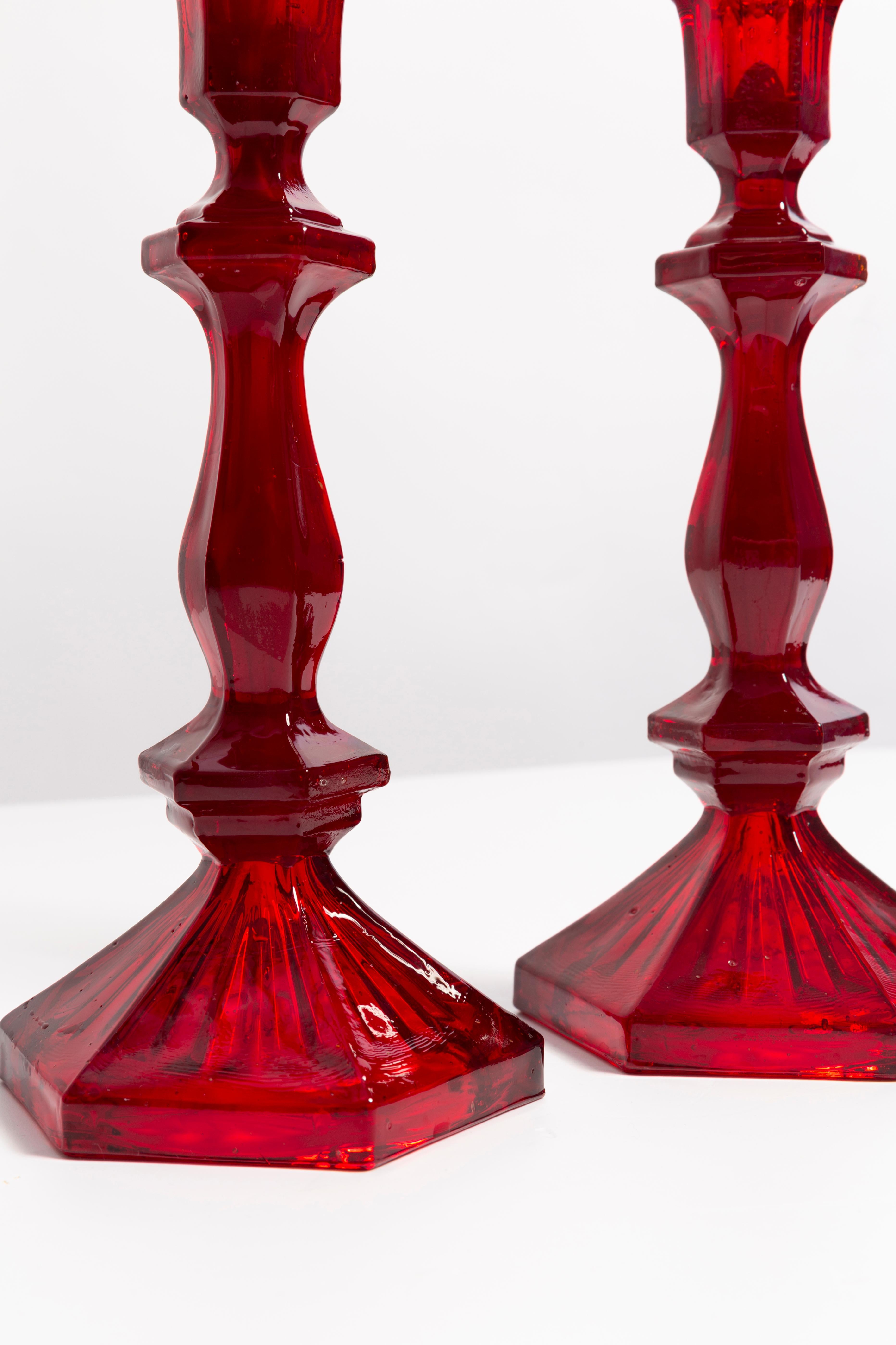 Set of Two 20th Century Red Glass Candlesticks, 1960s 2