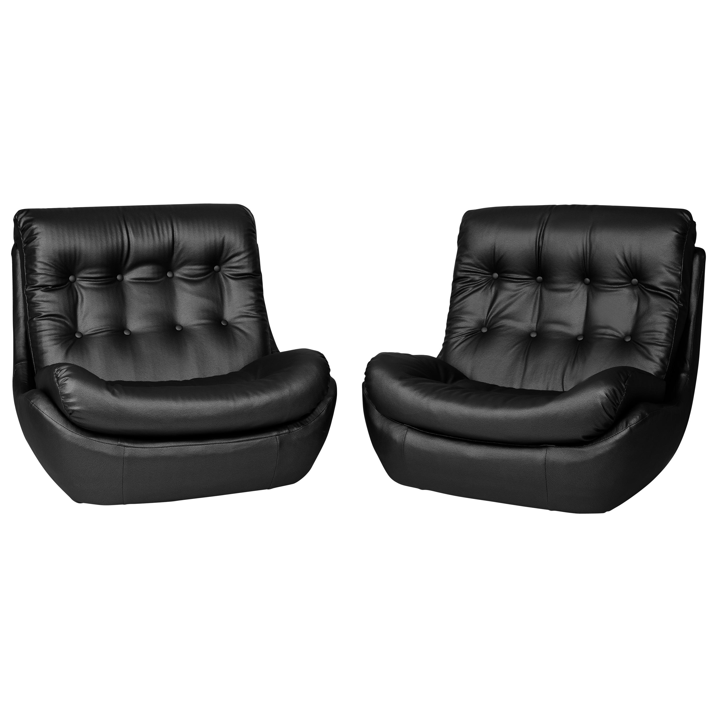 Set of Two 20th Century Vintage Black Faux Leather Atlantis Armchairs, 1960s For Sale