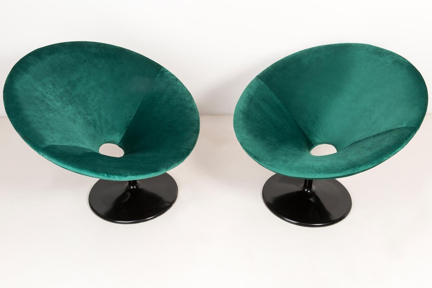 Mid-Century Modern Set of Two 20th Century Vintage Dark Green Swivel Armchairs, 1960s For Sale