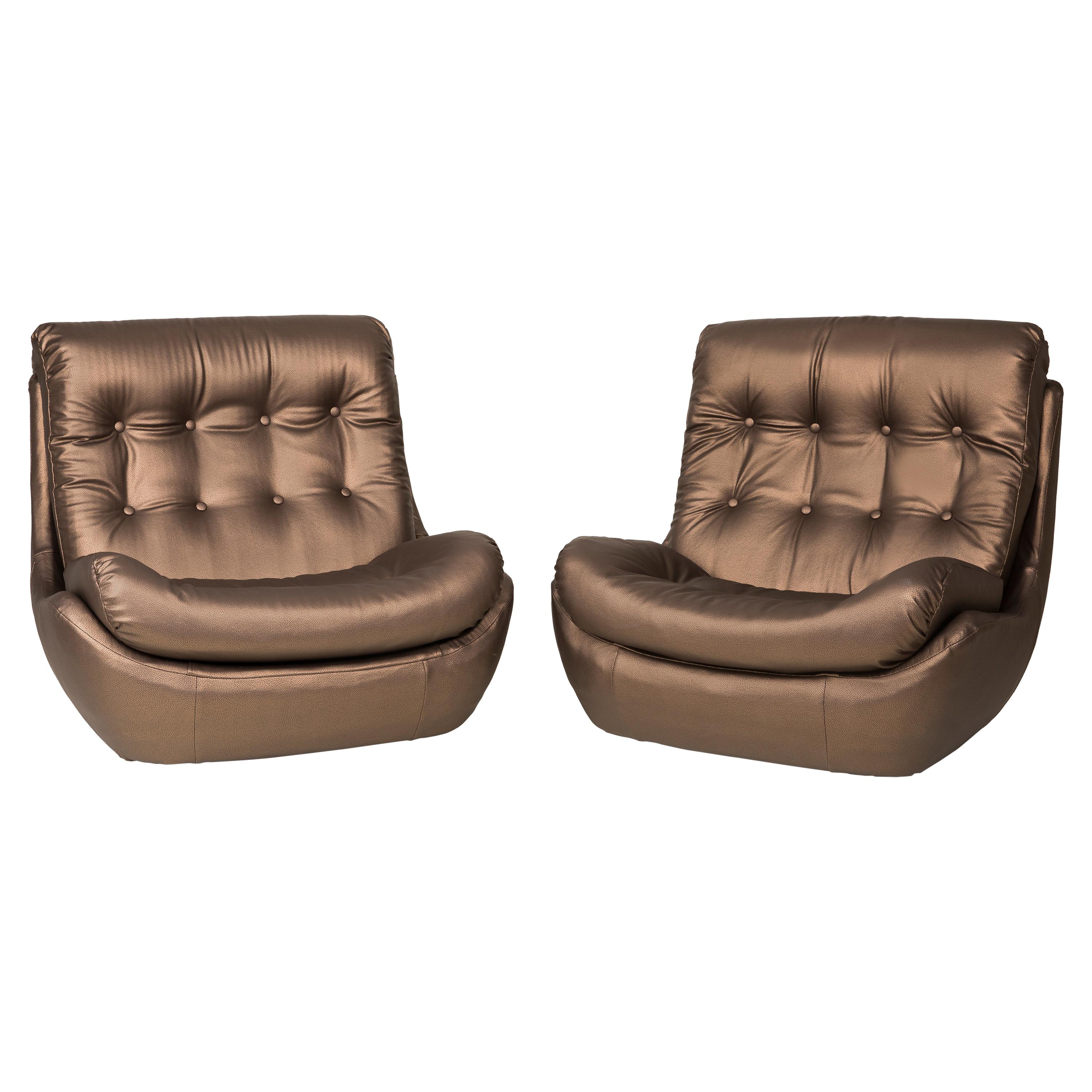 Set of Two 20th Century Vintage Metallic Faux Leather Atlantis Armchairs, 1960s For Sale