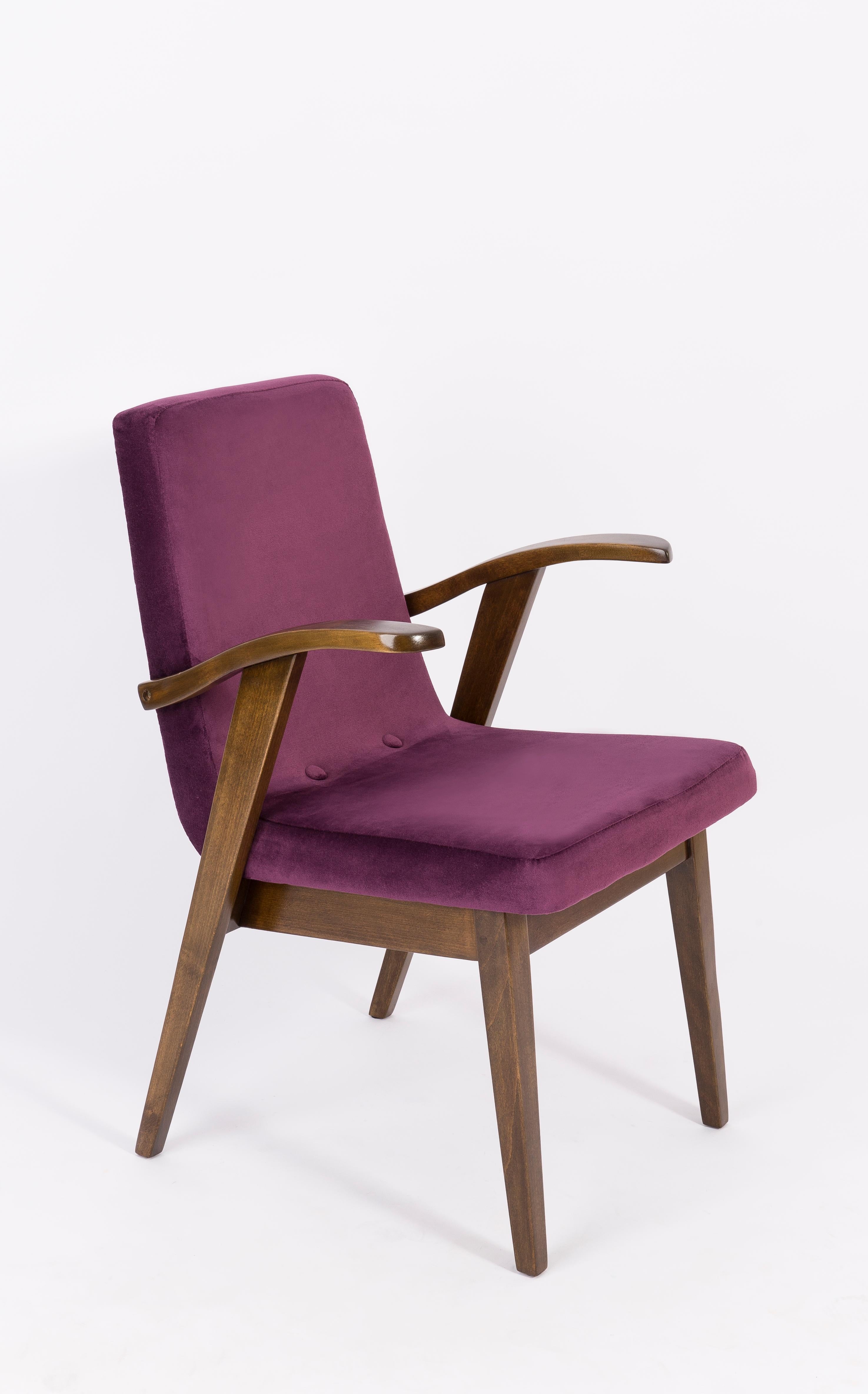 Armchairs designed by Mieczyslaw Puchala in a Classic edition. Dark wood combined with a plum violet fabric gives it elegance and nobility. The chair has undergone a full carpentry and upholstery renovation. The wood is in excellent condition,