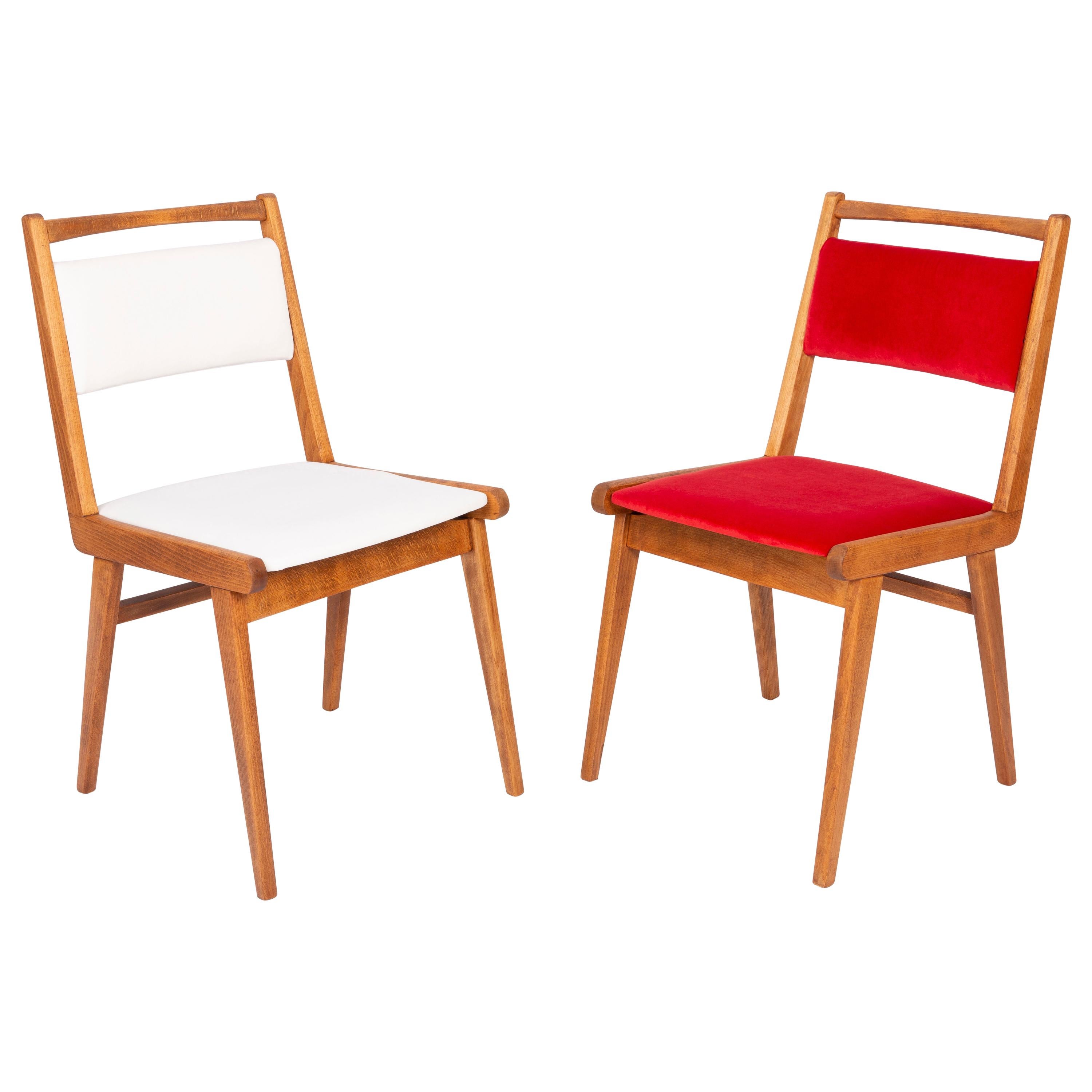 Set of Two 20th Century White and Red Velvet Chairs, Poland, 1960s For Sale