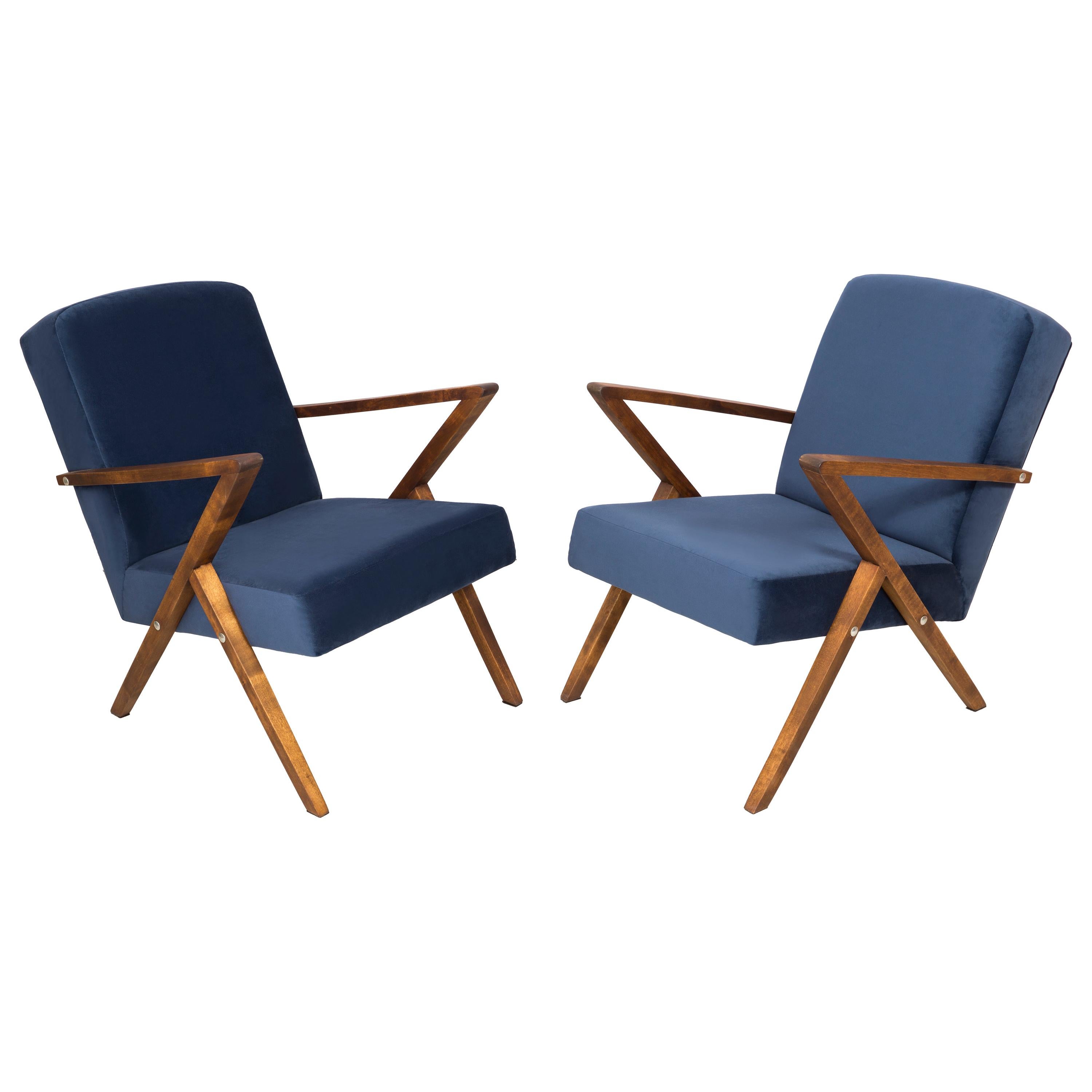 Set of Two 20th Century Zet Armchairs, Navy Velvet, 1970s, Poland For Sale