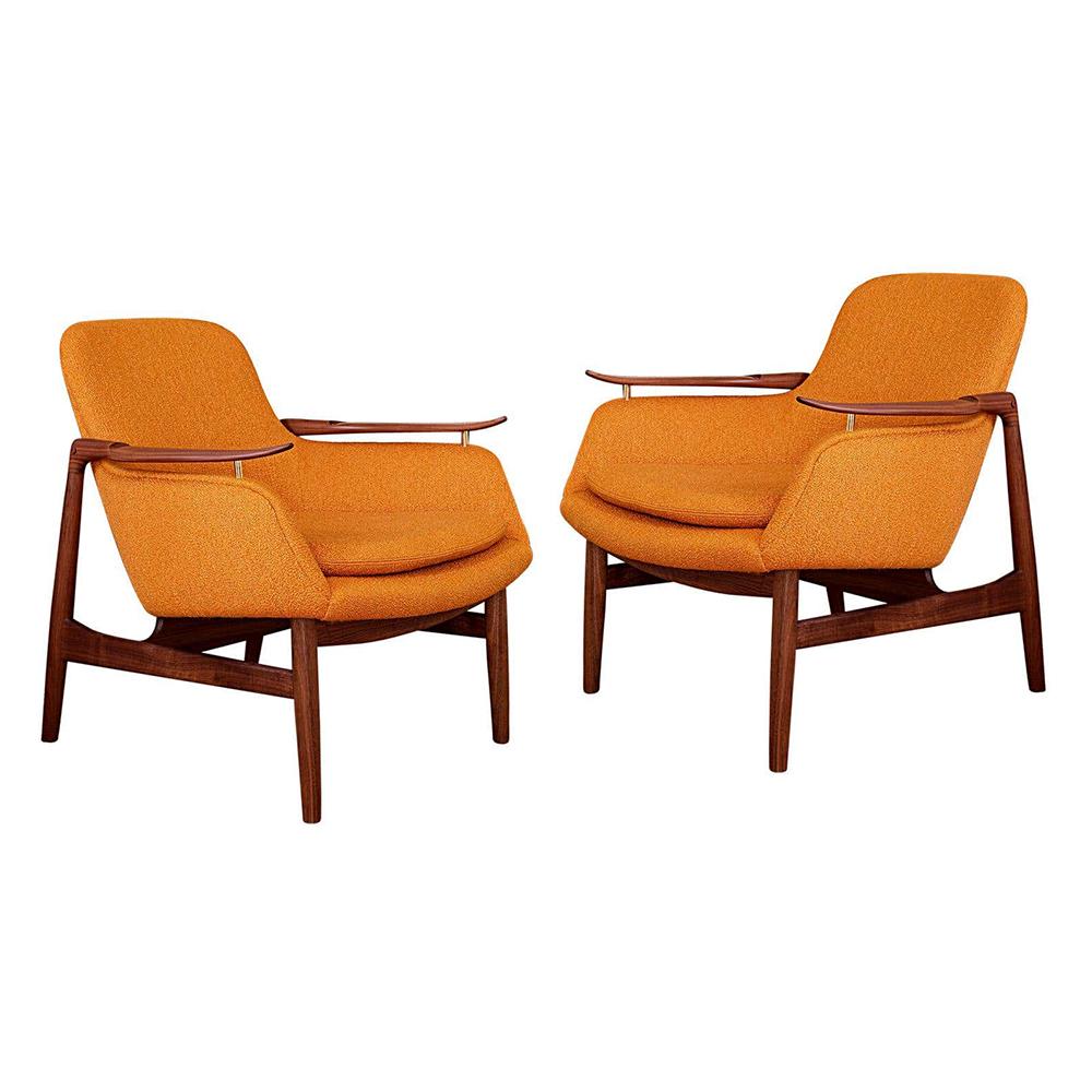 53 armchairs designed by Finn Juhl in 1953, relaunched in 2020.
Manufactured by House of Finn Juhl in Denmark.

The FJ 53 is an extravagant piece of furniture. It integrates the lightness and elegance of a wooden chair with an upholstered corpus,
