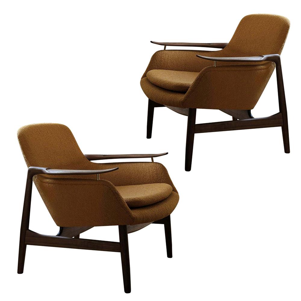 53 armchairs designed by Finn Juhl in 1953, relaunched in 2020.
Manufactured by House of Finn Juhl in Denmark.

The FJ 53 is an extravagant piece of furniture. It integrates the lightness and elegance of a wooden chair with an upholstered corpus,