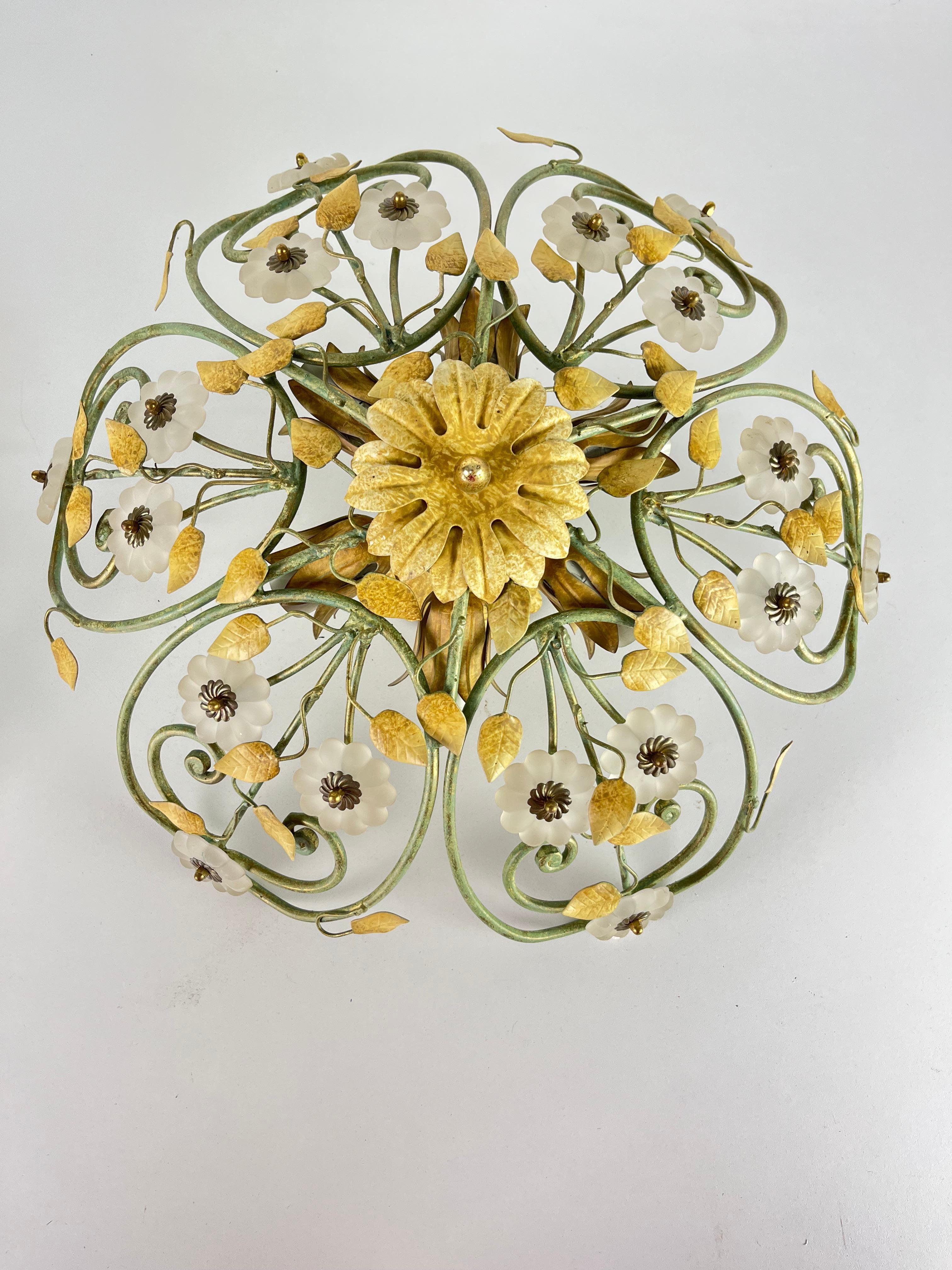 Set of two 6-Light Decorated Wrought Iron and Murano glass Ceiling Lights, 1980s in vendita 6