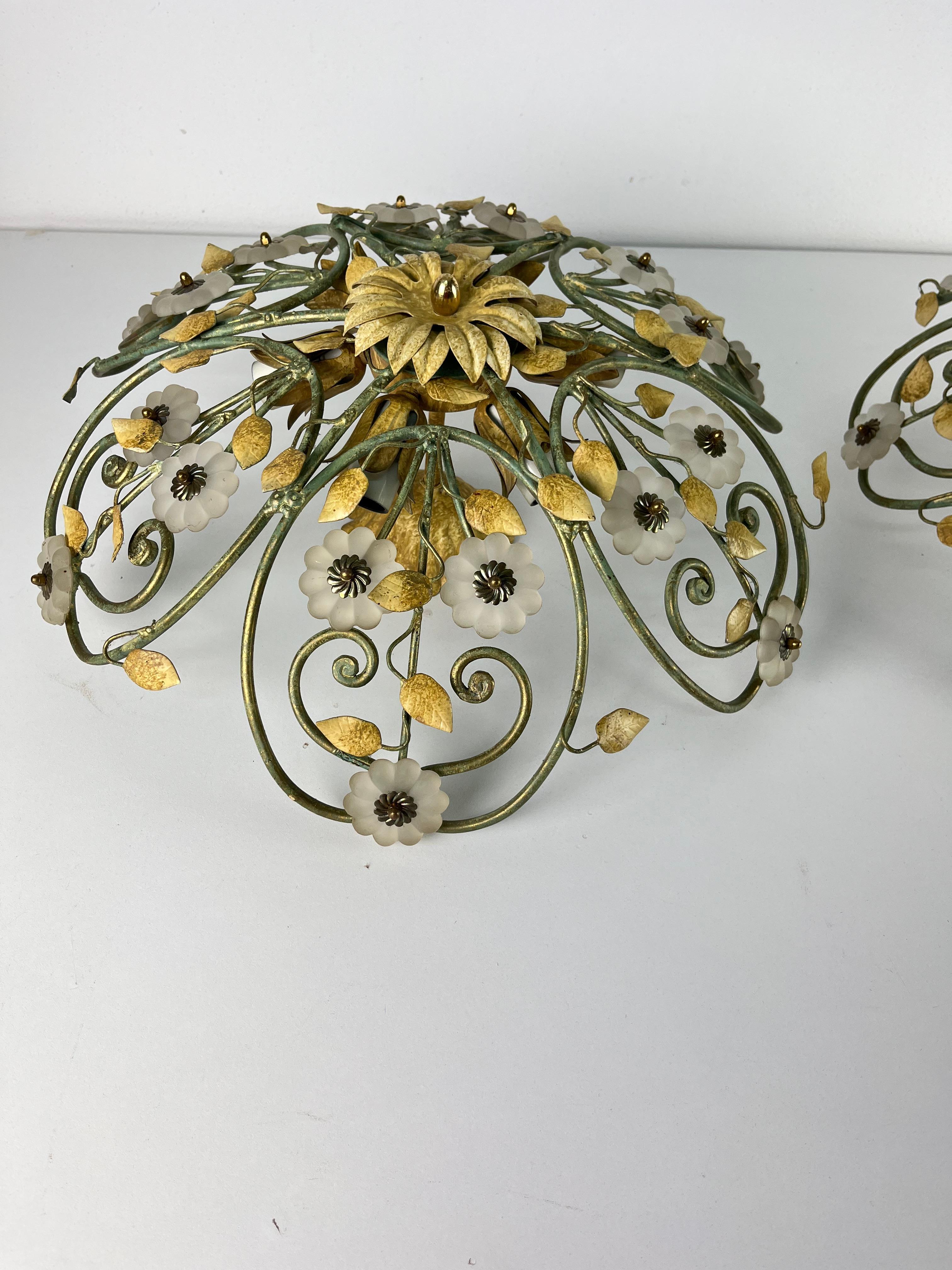 Set of two 6-Light Decorated Wrought Iron and Murano glass Ceiling Lights, 1980s in vendita 8