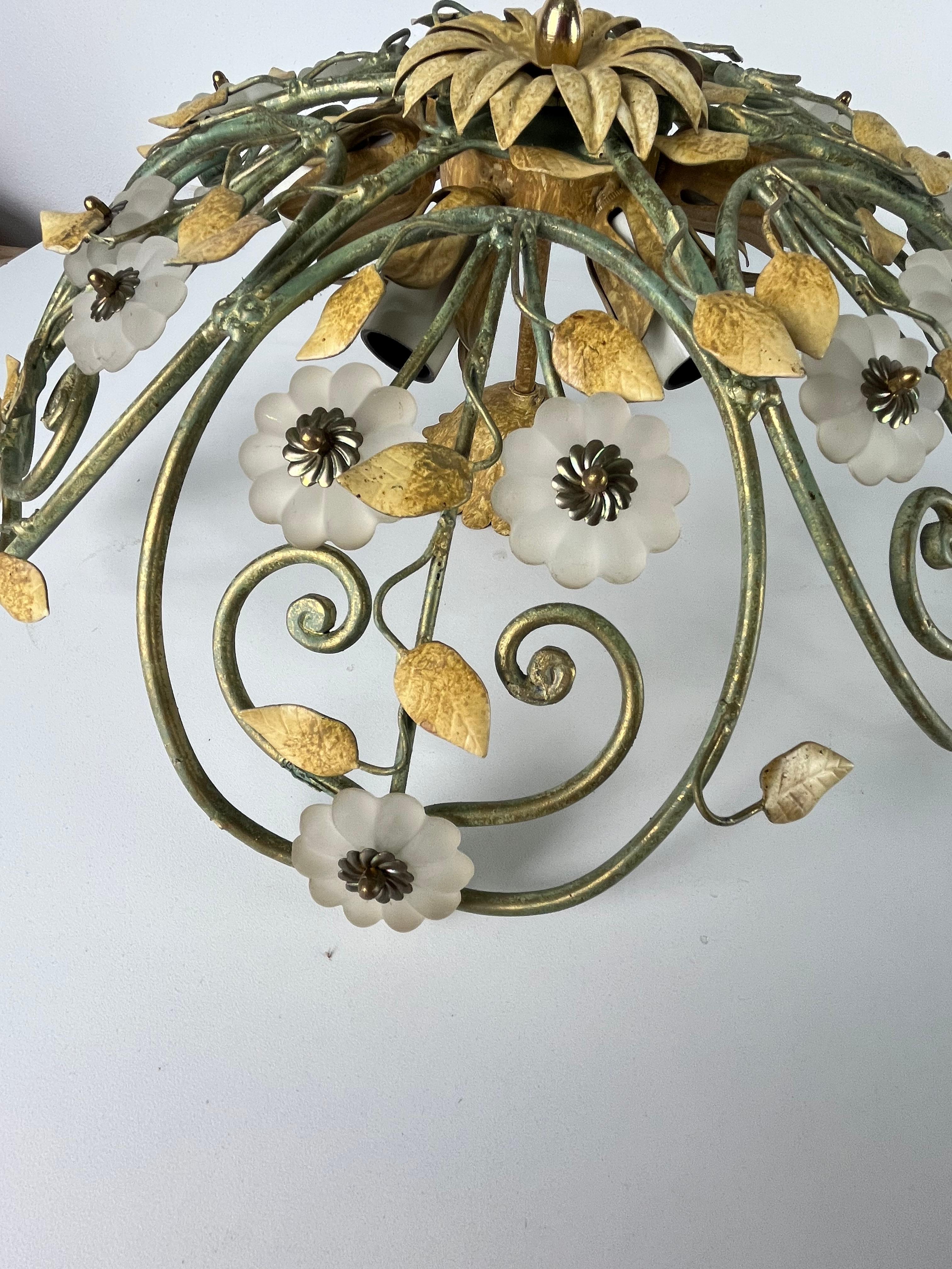 Set of two 6-Light Decorated Wrought Iron and Murano glass Ceiling Lights, 1980s in vendita 9