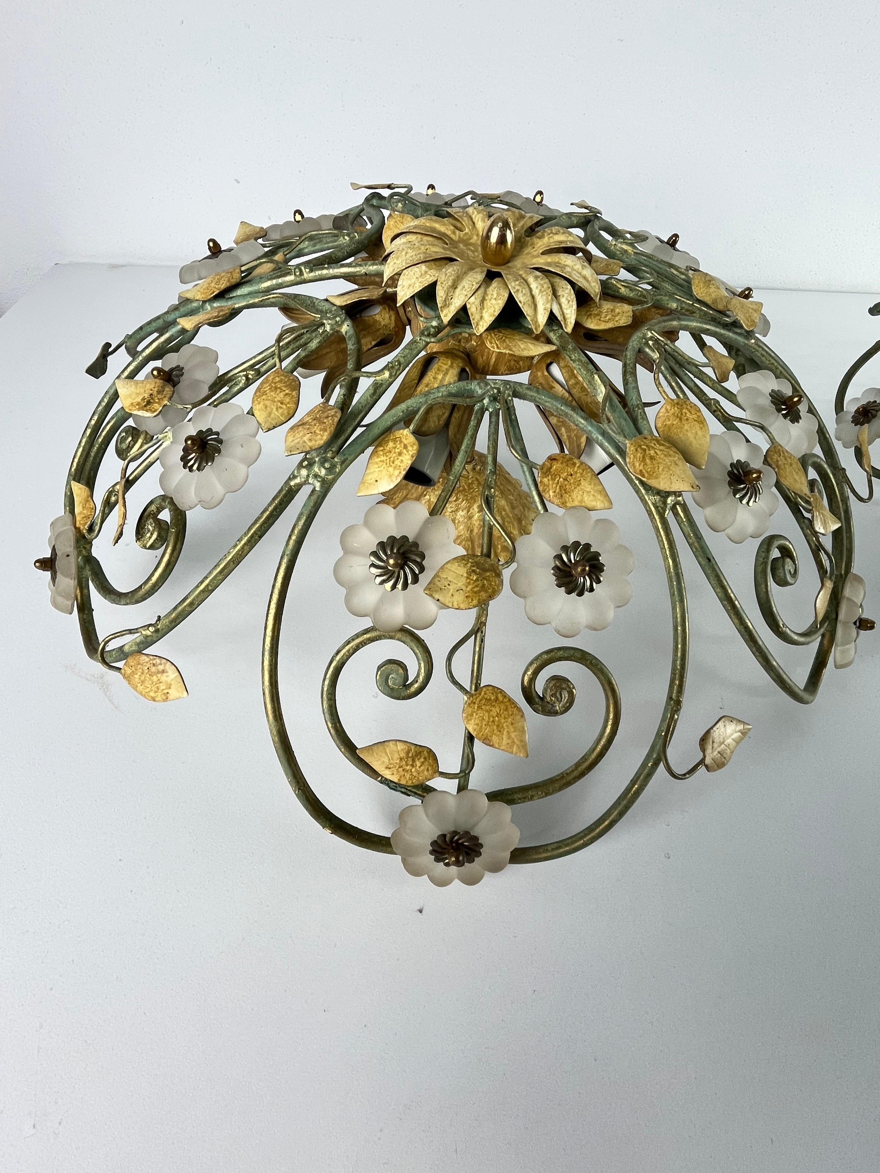 Set of two 6-Light Decorated Wrought Iron and Murano glass Ceiling Lights, 1980s in vendita 10