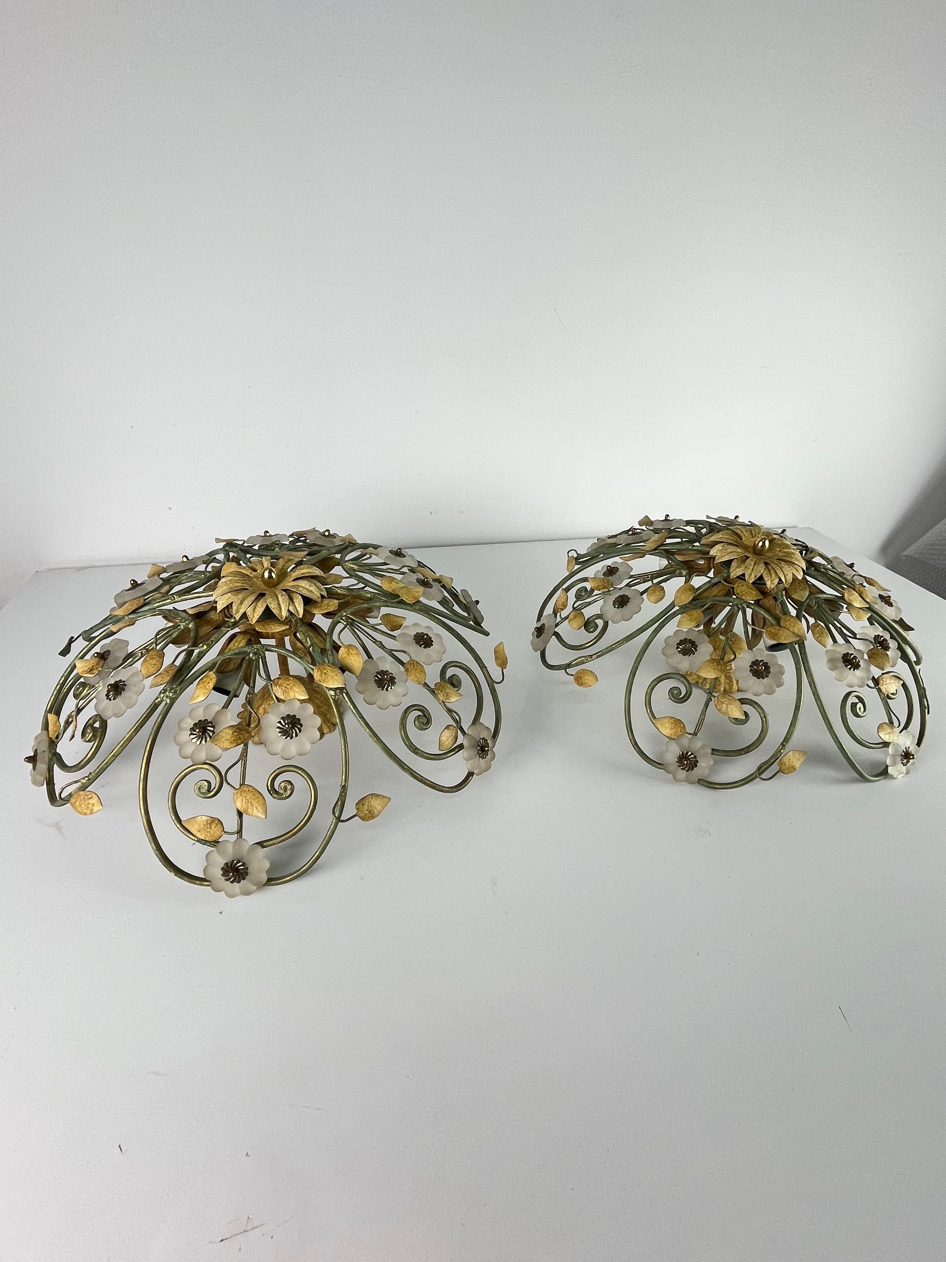 Set of two 6-Light Decorated Wrought Iron and Murano glass Ceiling Lights, 1980s in vendita 11