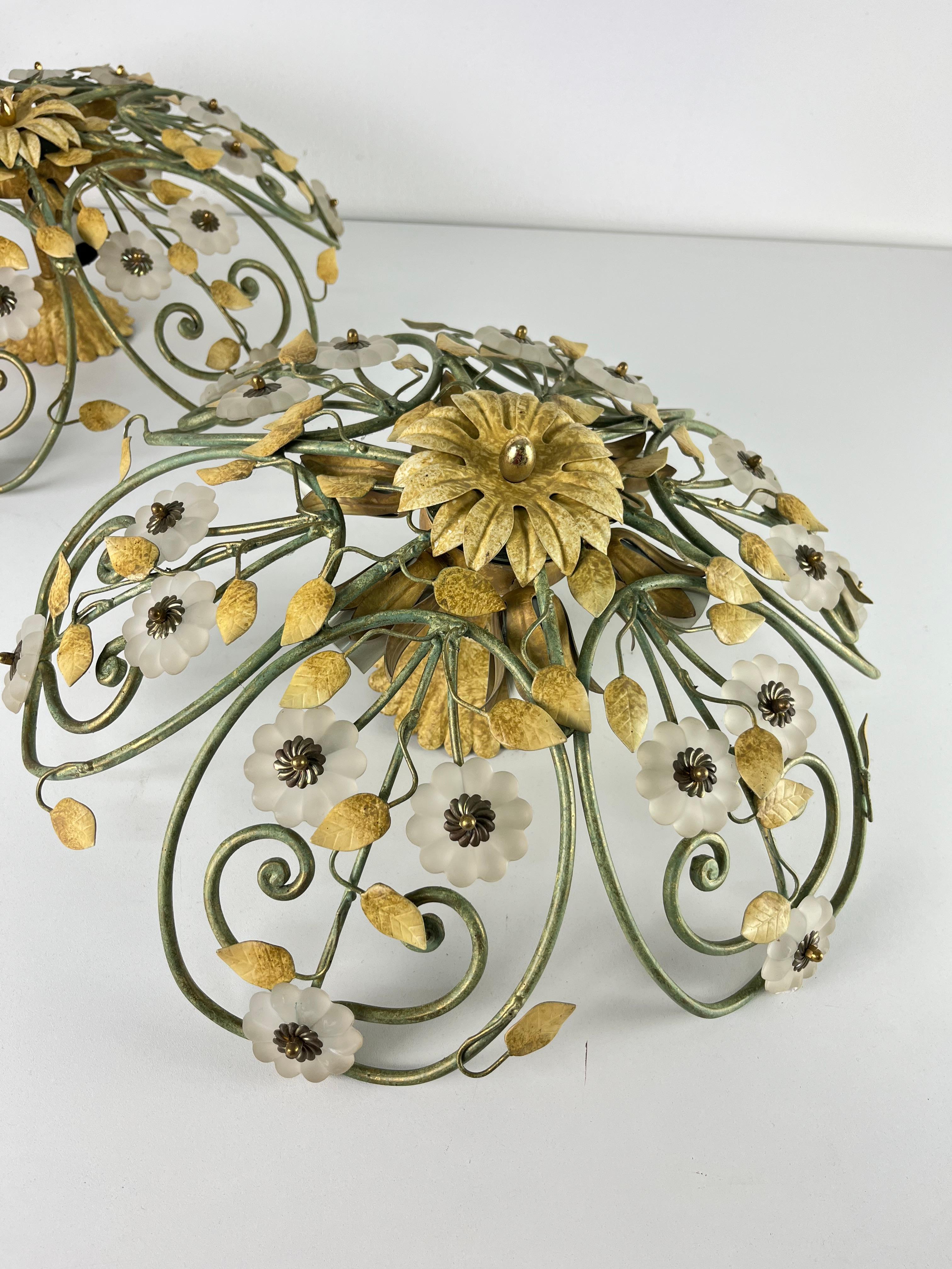 Set of two 6-Light Decorated Wrought Iron and Murano glass Ceiling Lights, 1980s in vendita 12