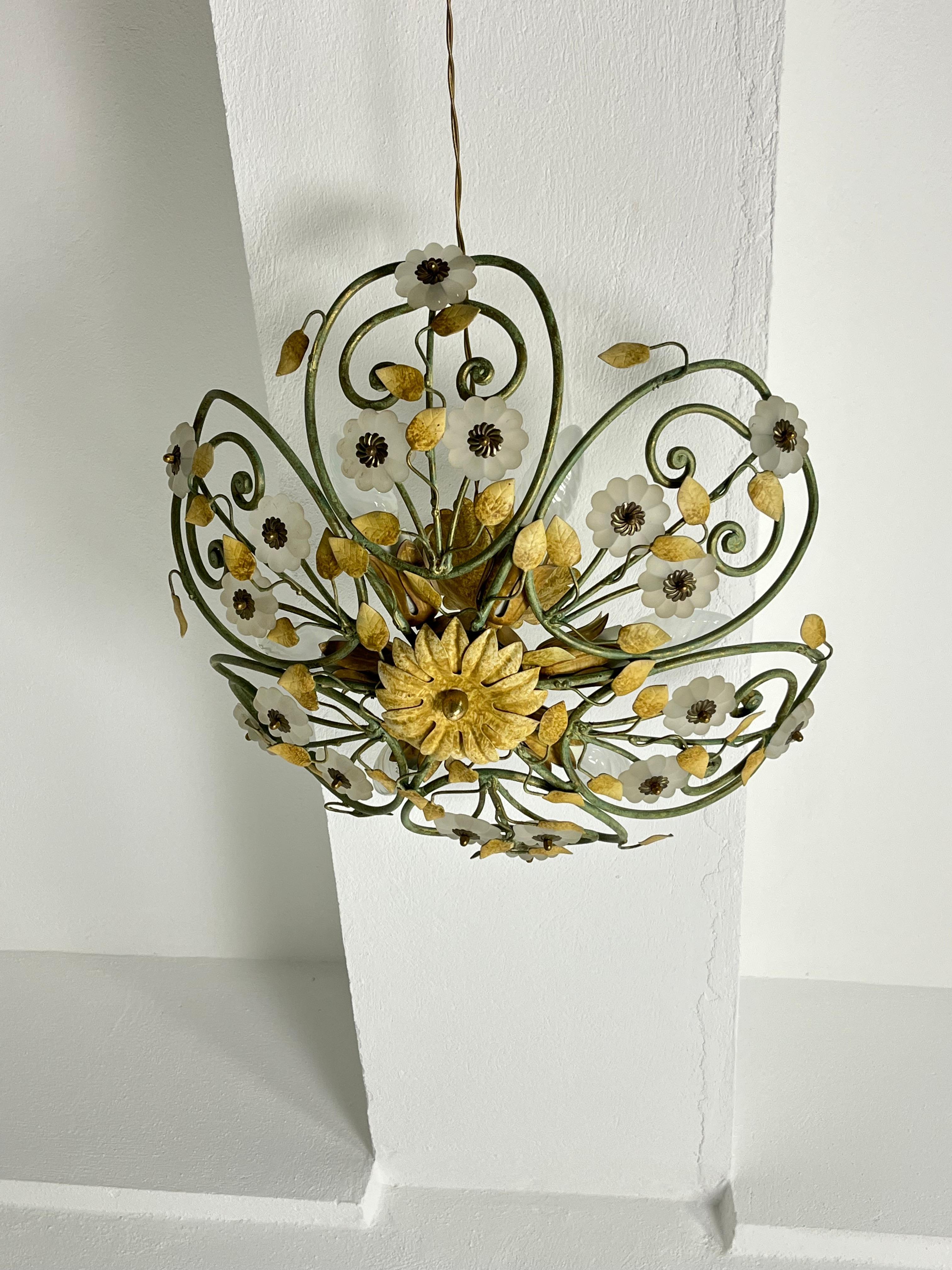 Italiano Set of two 6-Light Decorated Wrought Iron and Murano glass Ceiling Lights, 1980s in vendita