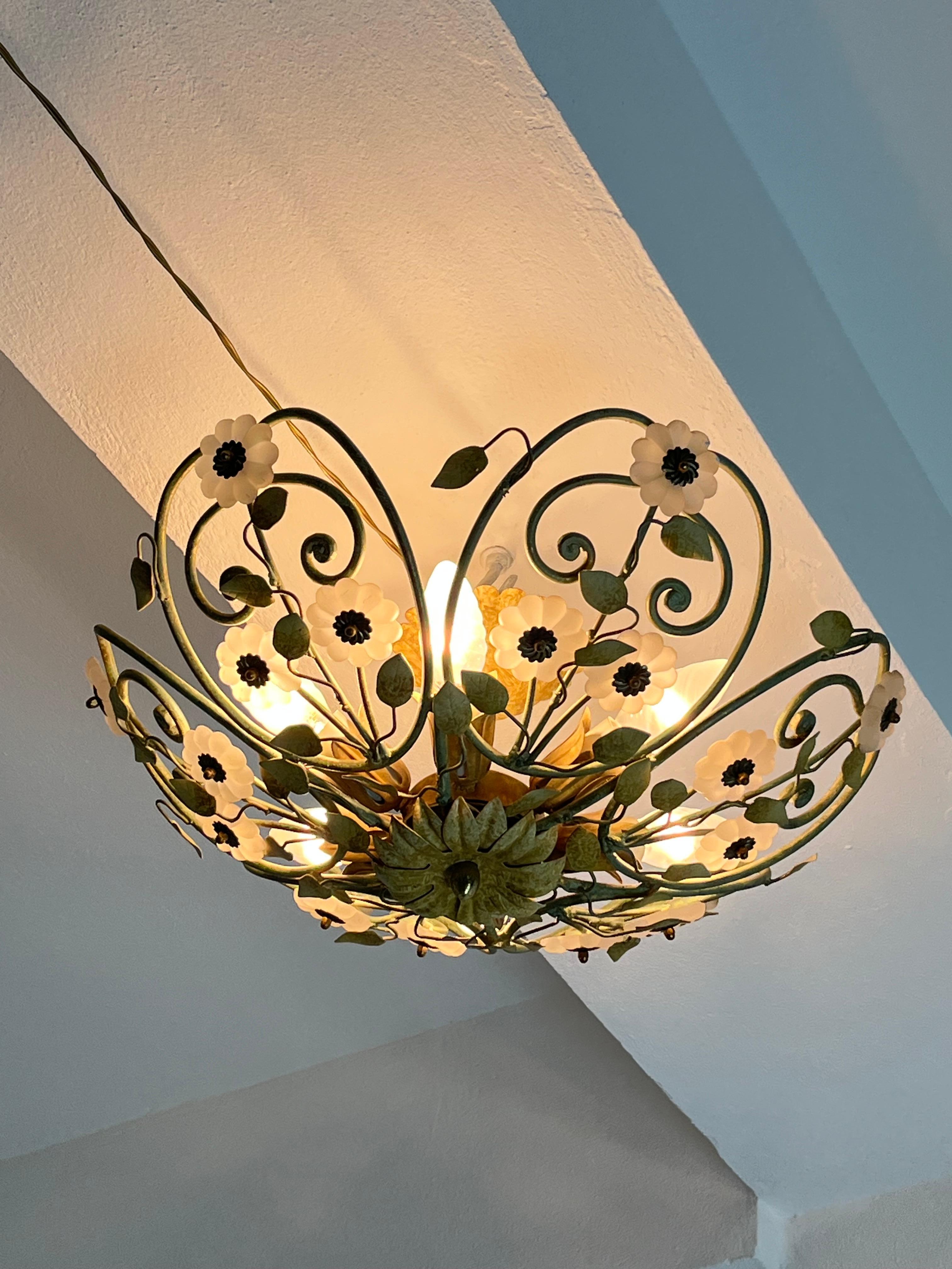 Fine XX secolo Set of two 6-Light Decorated Wrought Iron and Murano glass Ceiling Lights, 1980s in vendita