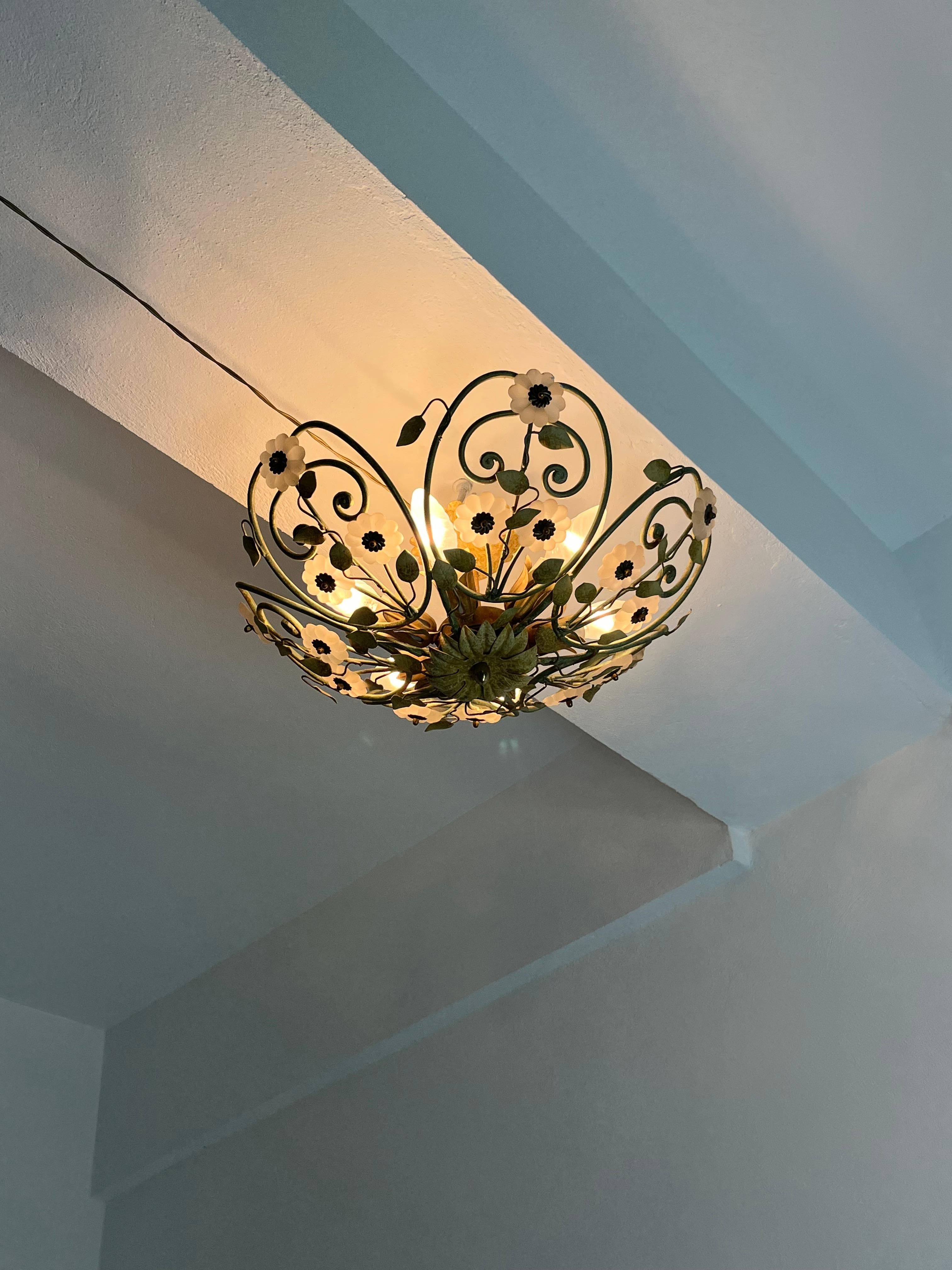 Vetro di Murano Set of two 6-Light Decorated Wrought Iron and Murano glass Ceiling Lights, 1980s in vendita