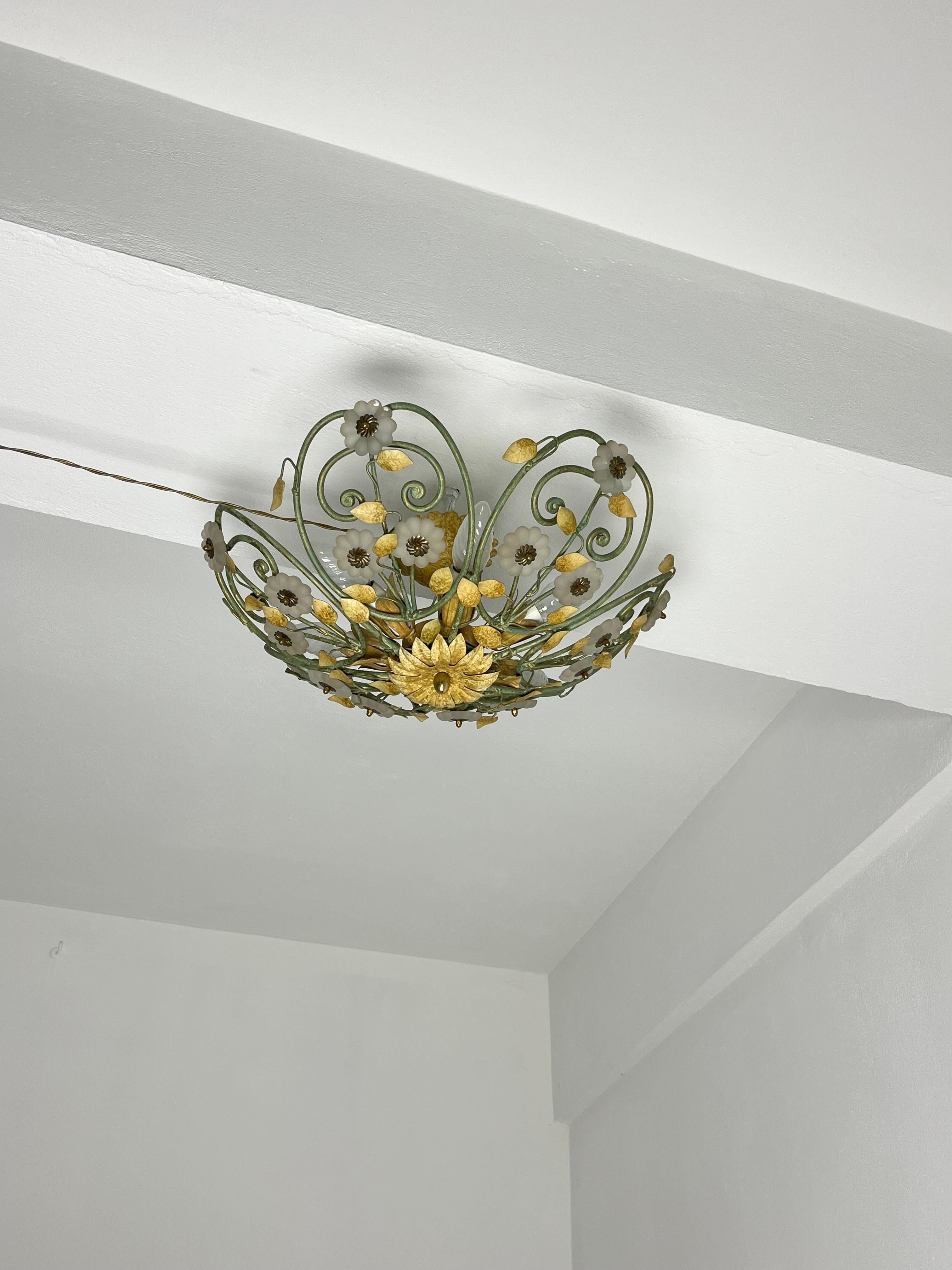 Set of two 6-Light Decorated Wrought Iron and Murano glass Ceiling Lights, 1980s in vendita 1