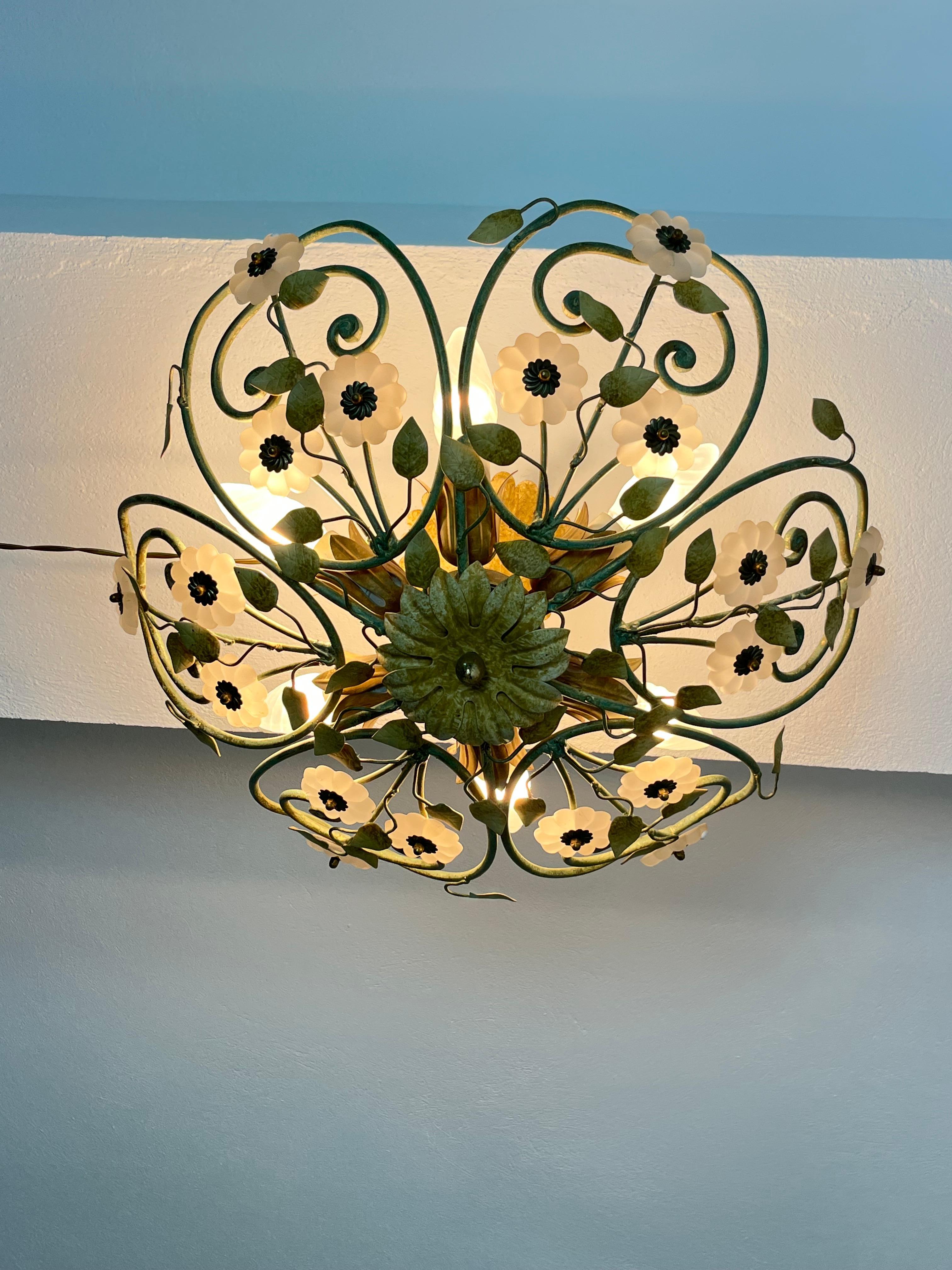 Set of two 6-Light Decorated Wrought Iron and Murano glass Ceiling Lights, 1980s in vendita 2