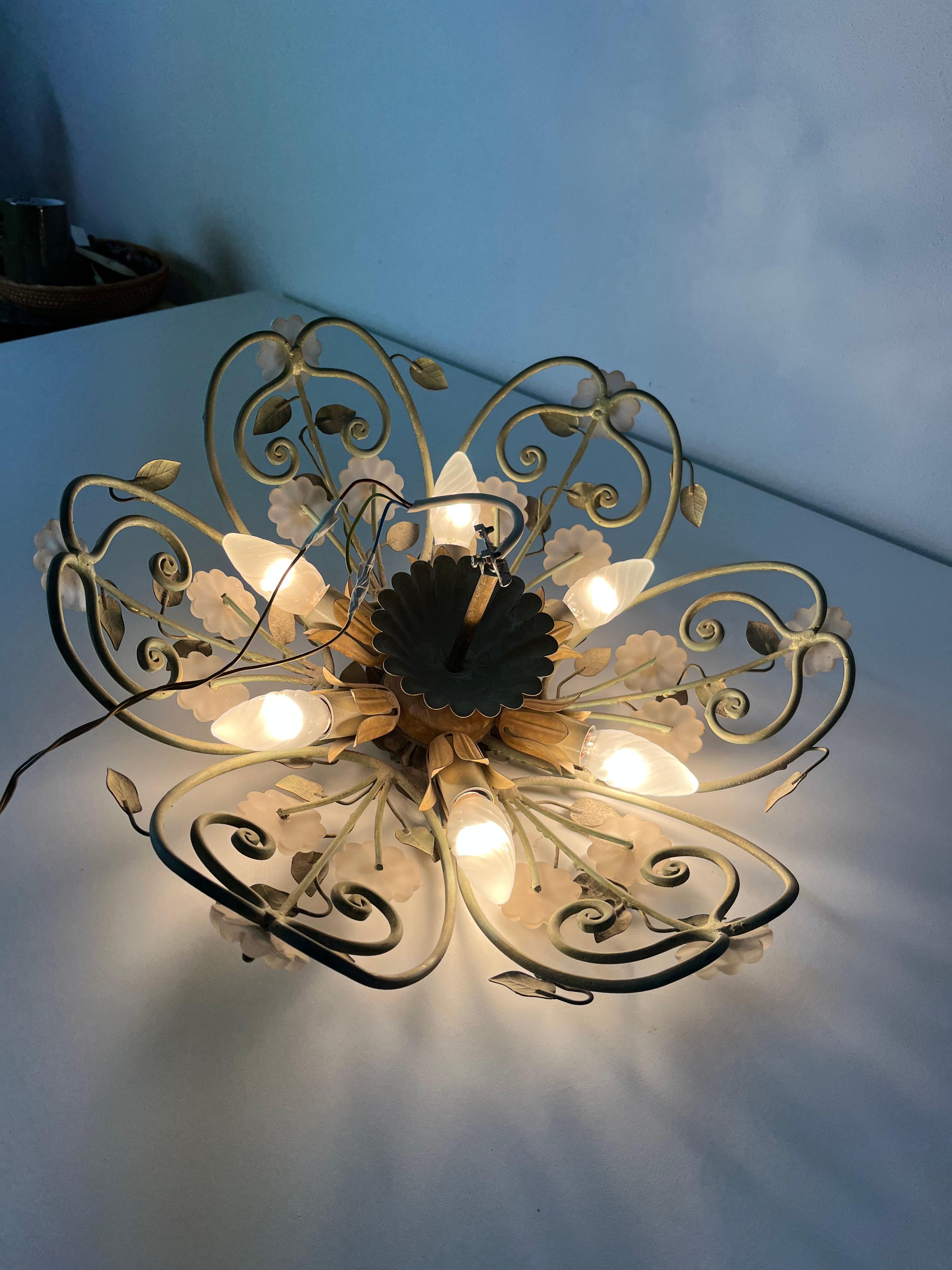 Set of two 6-Light Decorated Wrought Iron and Murano glass Ceiling Lights, 1980s in vendita 3