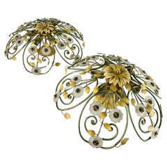 Set of two 6-Light Decorated Wrought Iron and Murano glass Ceiling Lights, 1980s