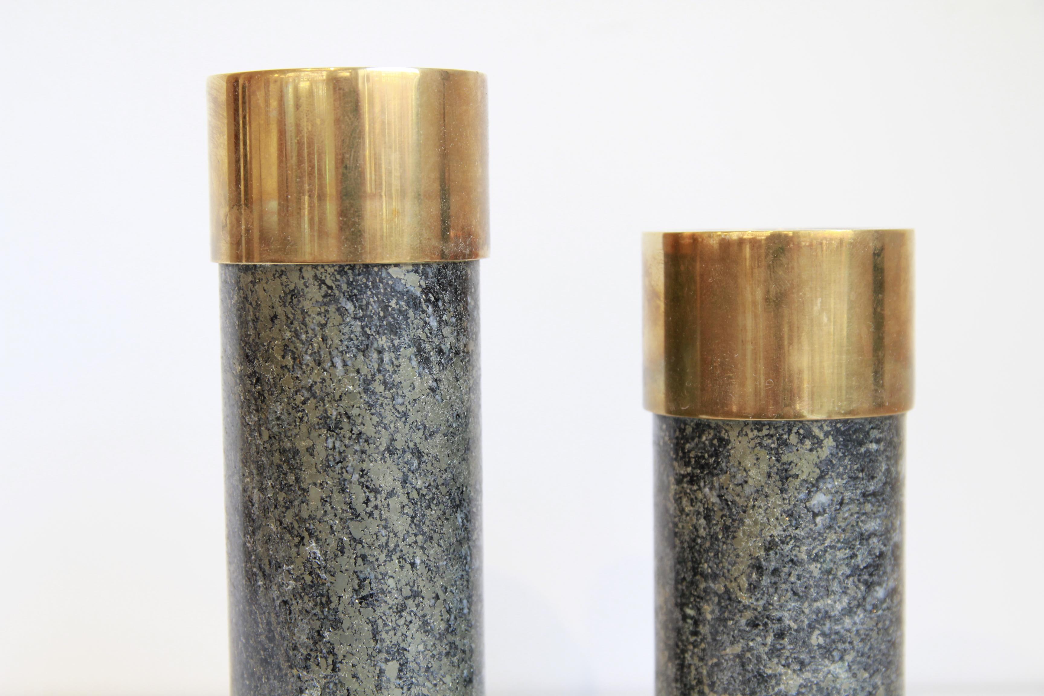 Polished Set of Two 1970s Saulo AS Candleholders in Ore Stone & Brass, Sulitjelma, Norway