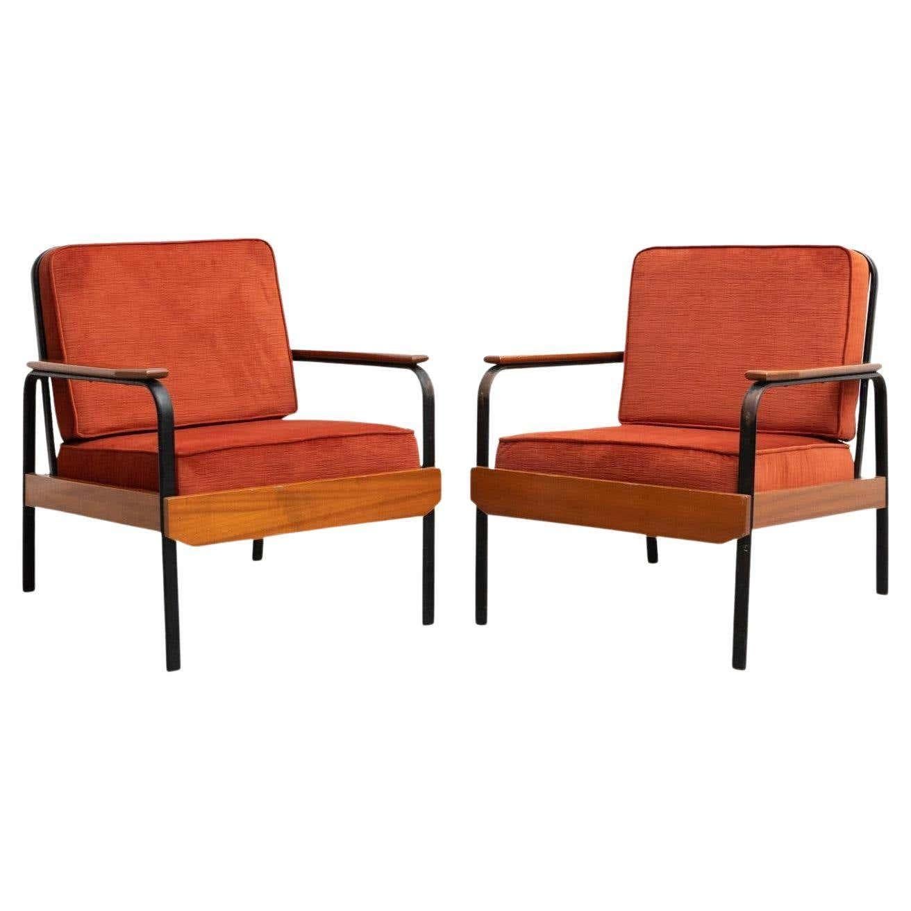 Set of Two After Jean Prouve French Mid-Century Modern Wood and Metal Chairs For Sale 9