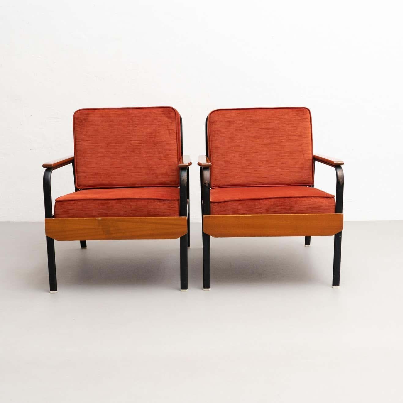 Mid-20th Century Set of Two After Jean Prouve French Mid-Century Modern Wood and Metal Chairs For Sale