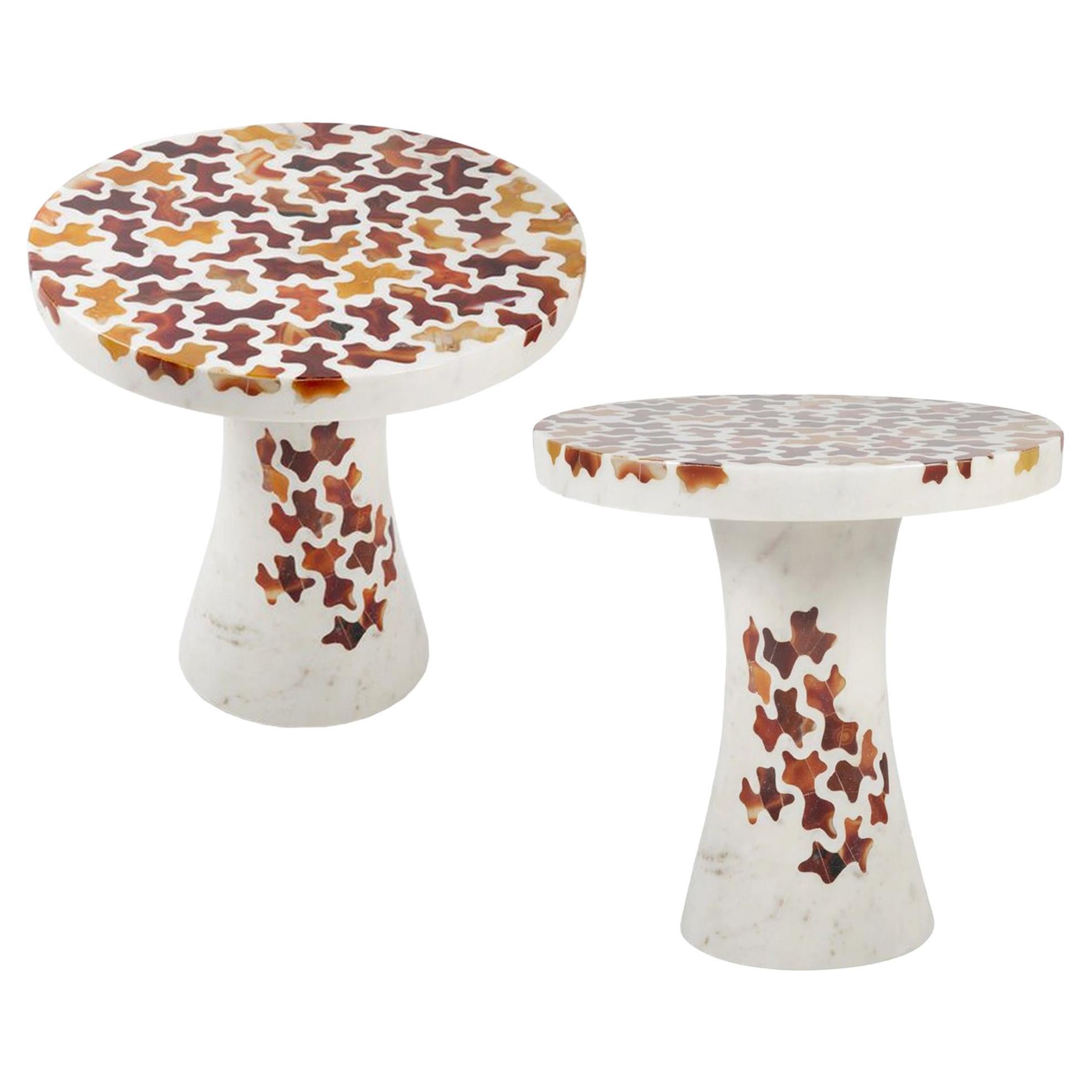 Set of Two Agate Jigsaw Inlay Side Tables Handcrafted in India For Sale
