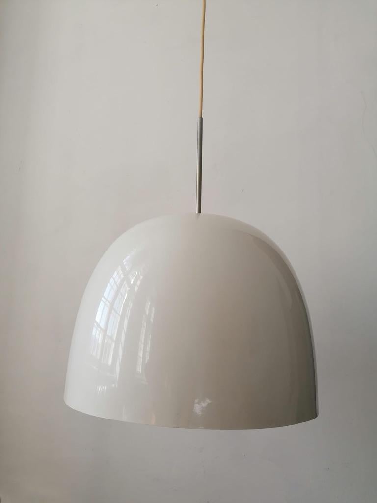 Two aluminium pendant made in the 1970s in Germany, fitted with one E27 socket up to 100watts. 
Dimentions: 34x41cm + 24x32cm