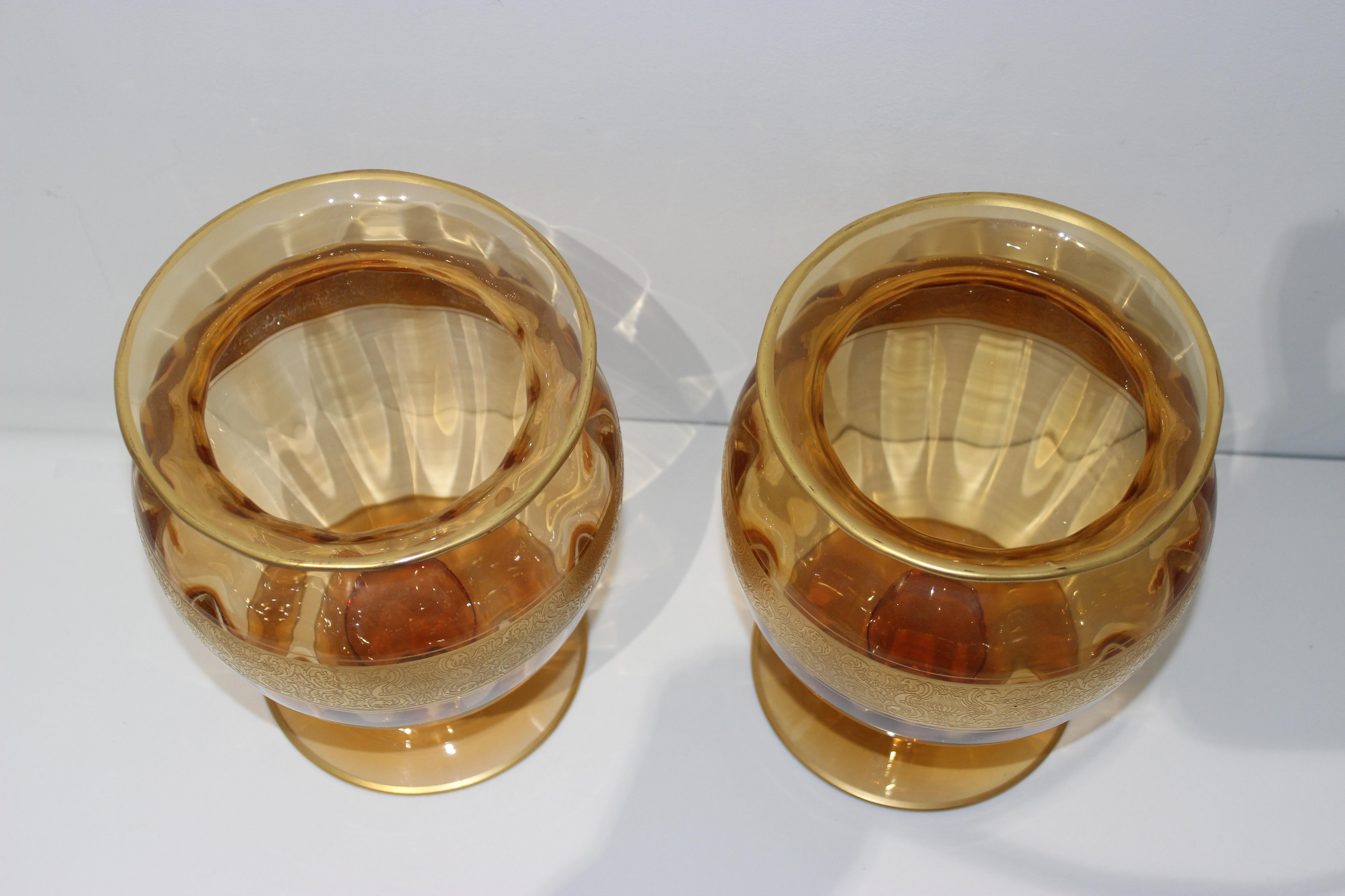 Art Deco Set of Two Amber Colored Vases by Moser Glassworks