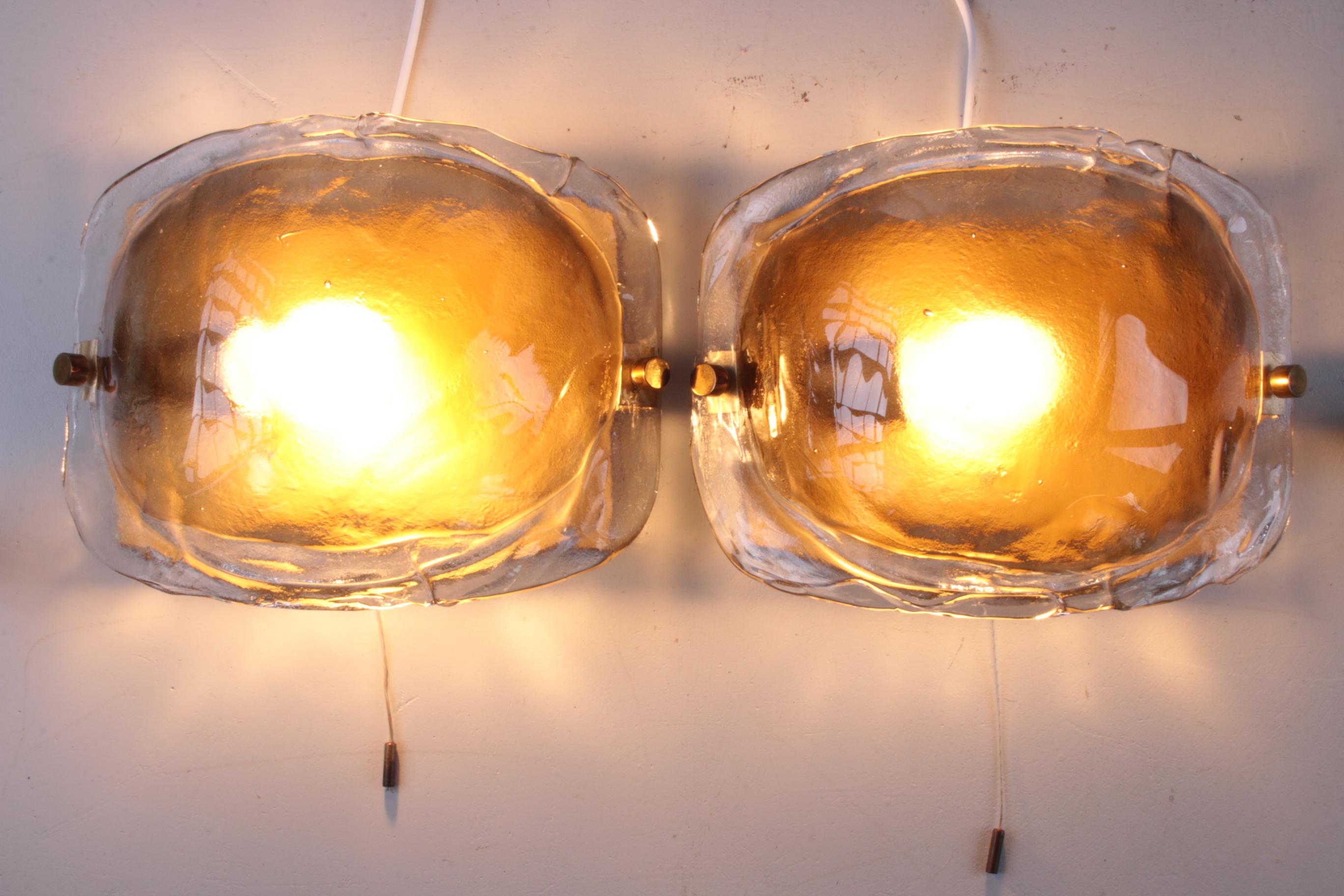 Mid-Century Modern Set of Two Amber Wall Lamps in Murano Glass by Kaiser Leuchten