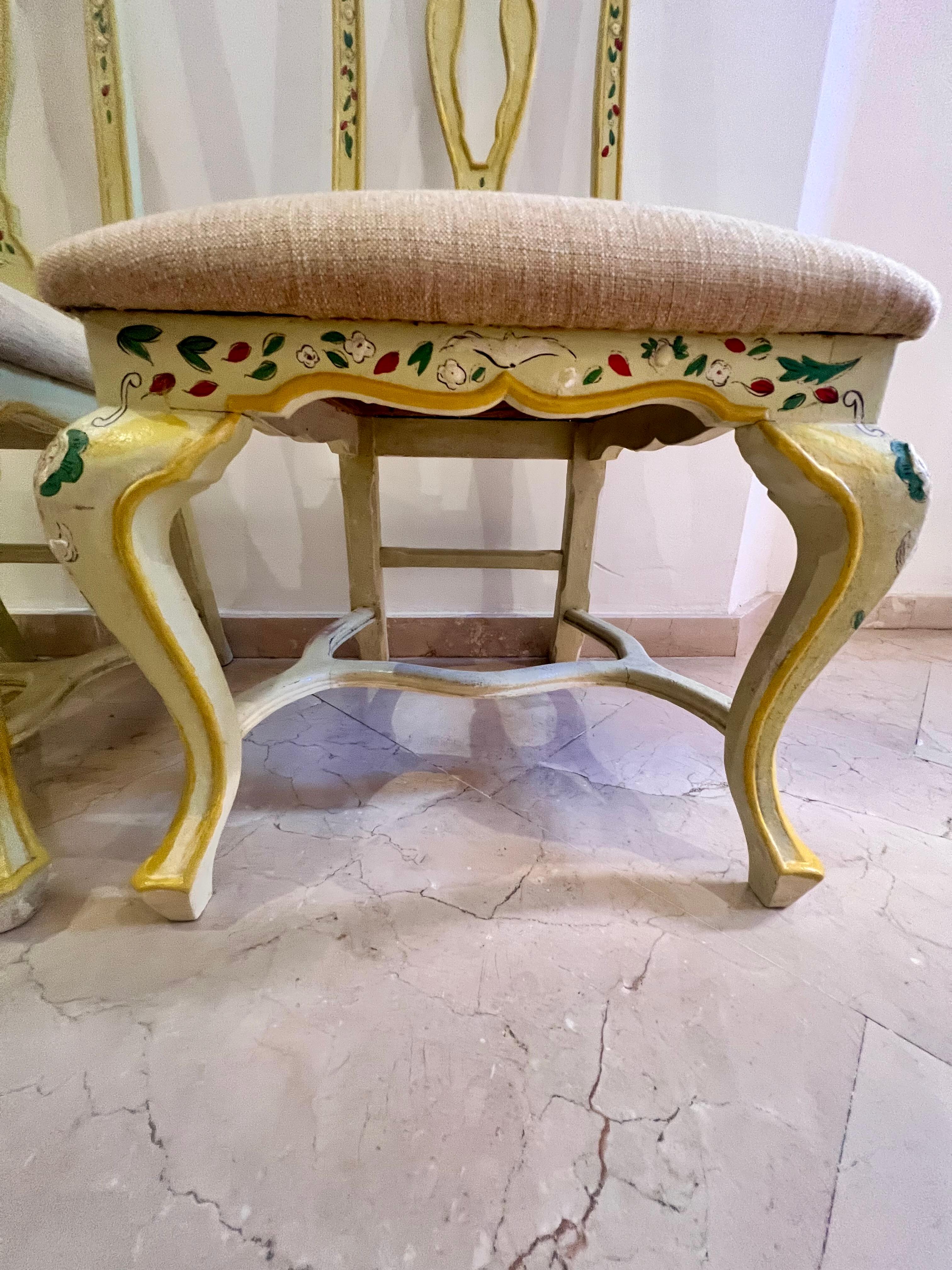 Late 20th Century Set of two Andalusian chairs in yellow ocre polychrome wood with birds  For Sale