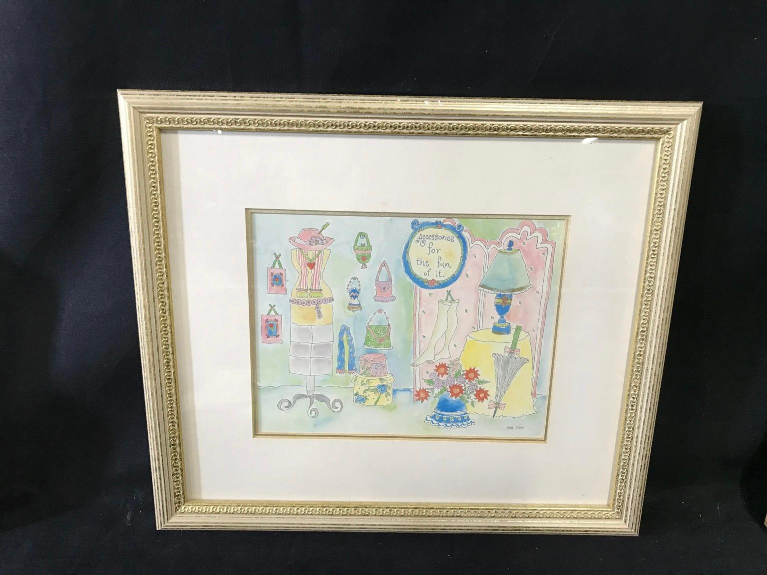 Set of Andee Dubin mixed media of pen and ink and watercolor illustrations of whimsical takes on a day at the boutique, the first being a shop of accessories including handbags hats and more, in the top middle of the image is a medallion shaped icon