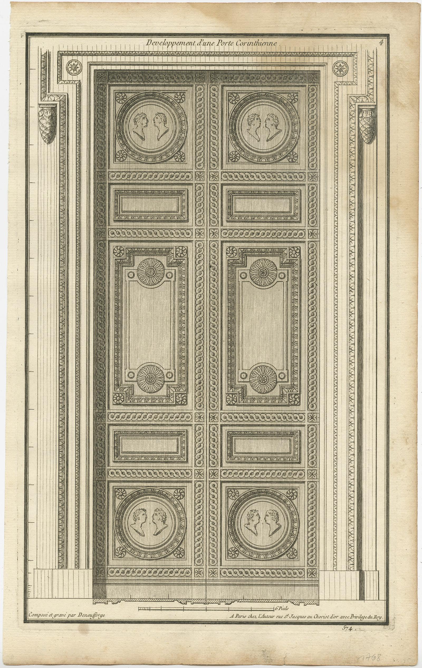 Set of two architecture prints depicting the design of an Ionic and Corinthian portico. These prints originate from 'Recueil Élémentaire d’Architecture' by Jean-Francois de Neufforge. A comprehensive series of architectural studies of facades,