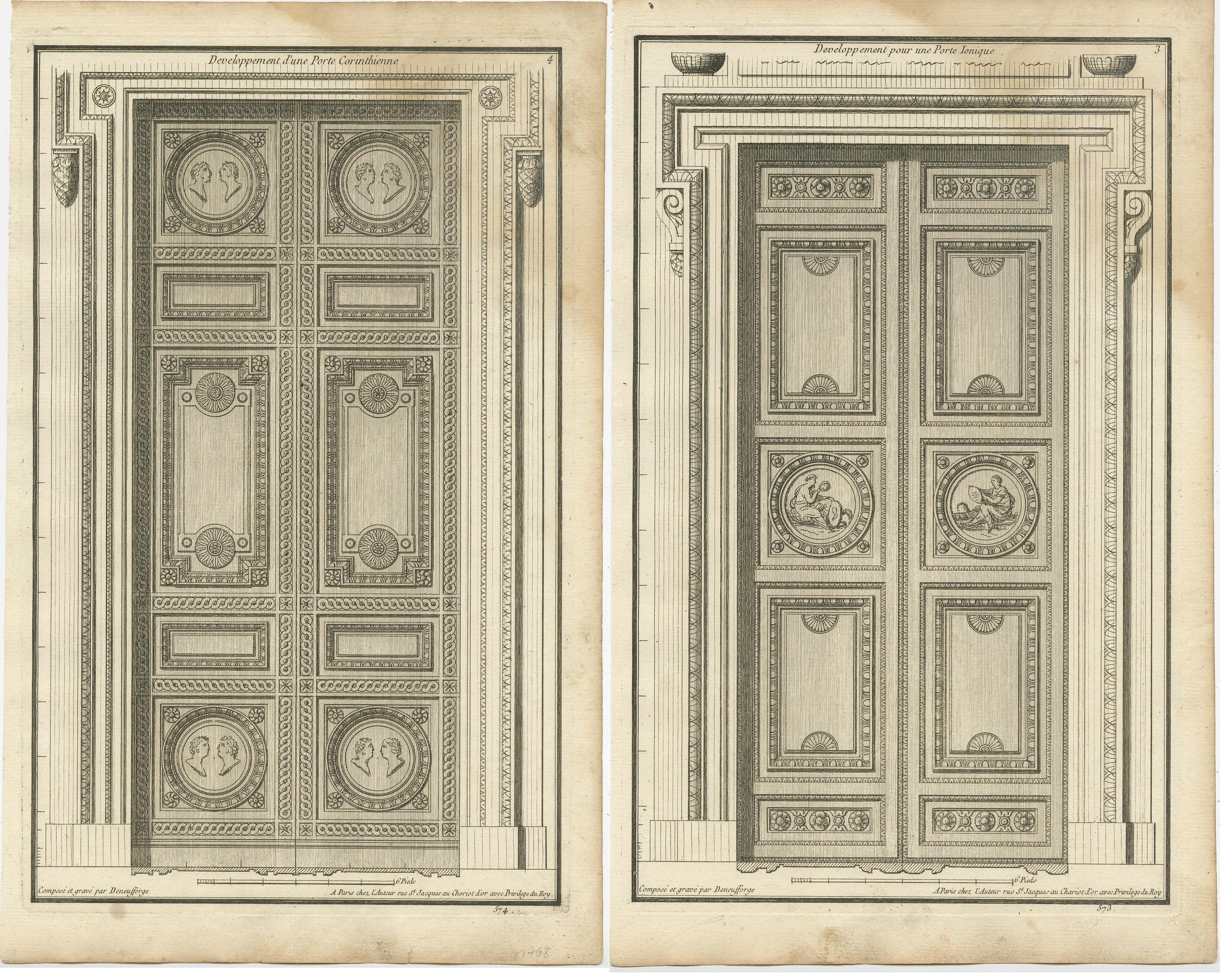 18th Century Set of Two Antique Archicture Prints of Portico Designs by Neufforge, circa 1770 For Sale