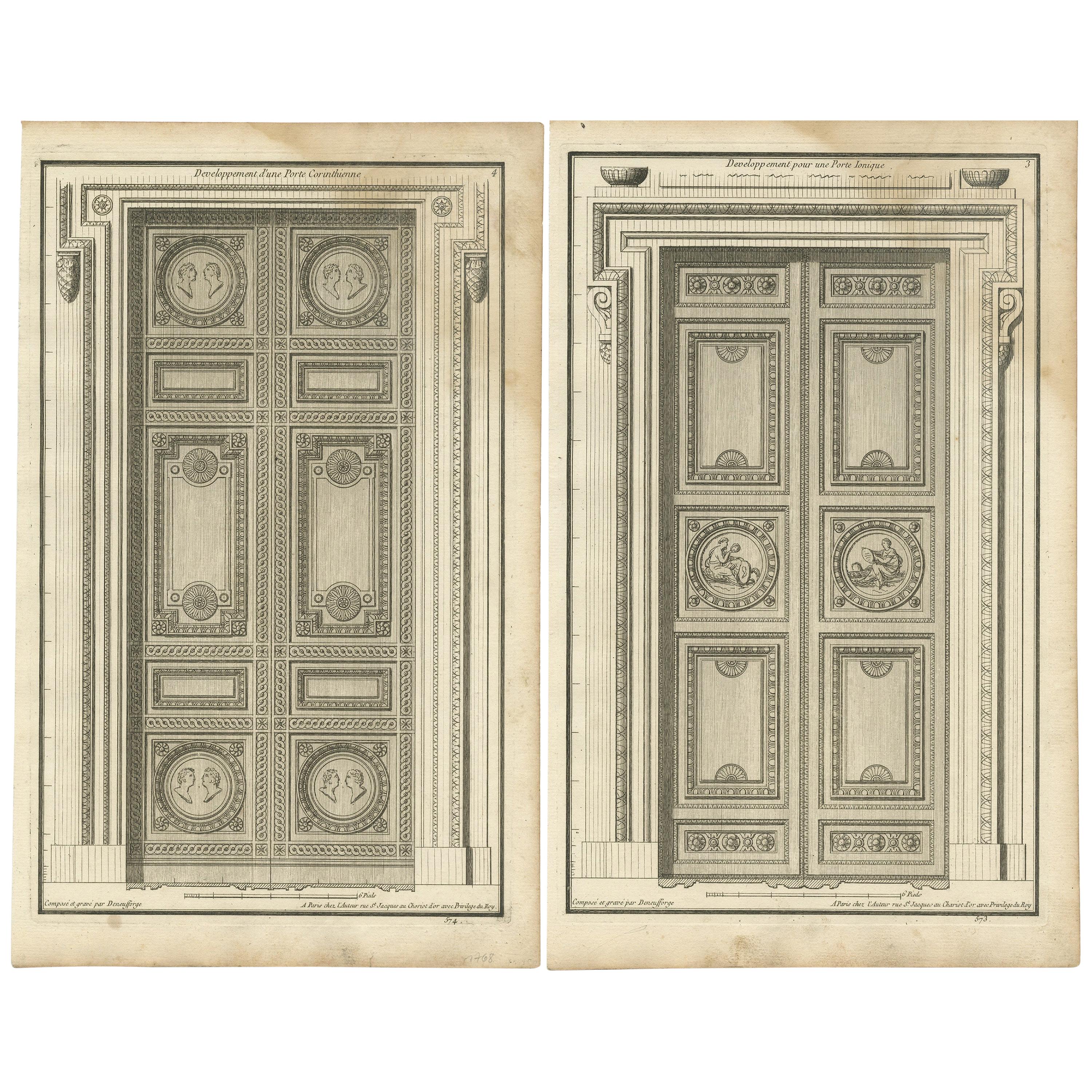 Set of Two Antique Archicture Prints of Portico Designs by Neufforge, circa 1770