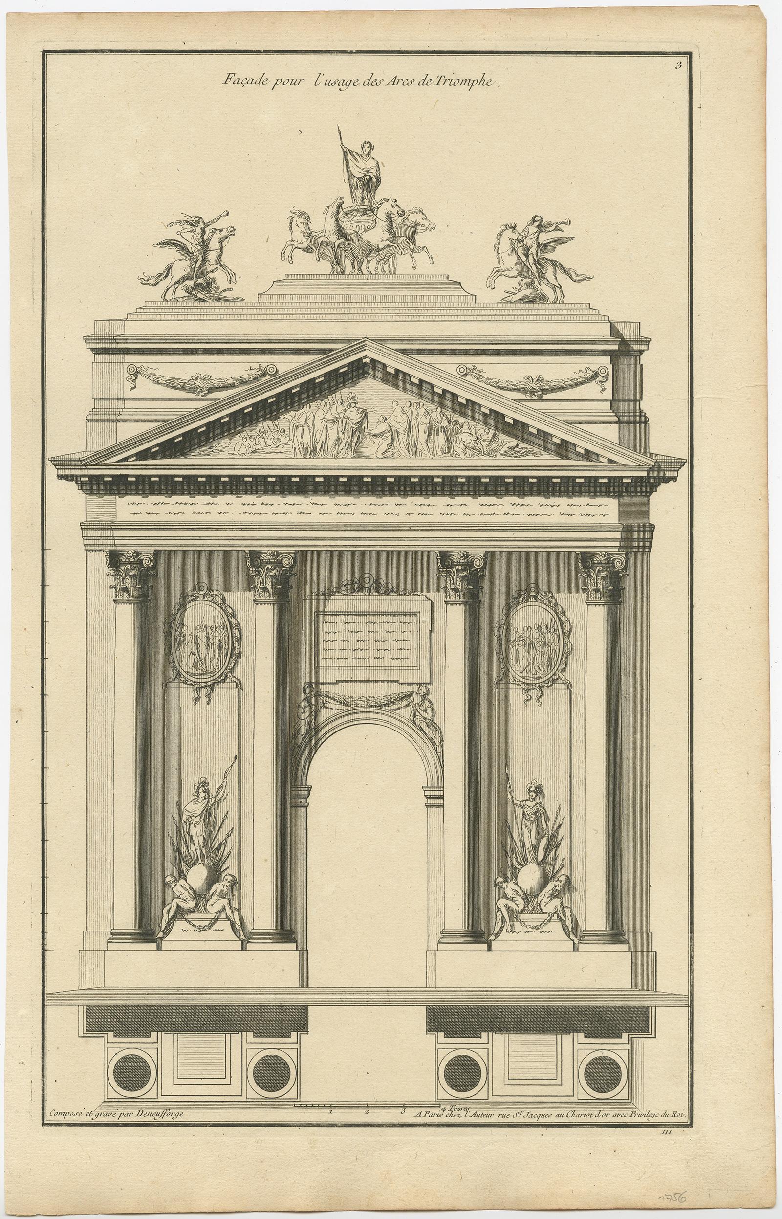 Set of two architecture prints depicting the design of triumphal arches. These prints originate from 'Recueil Élémentaire d’Architecture' by Jean-Francois de Neufforge, circa 1770. A comprehensive series of architectural studies of facades,