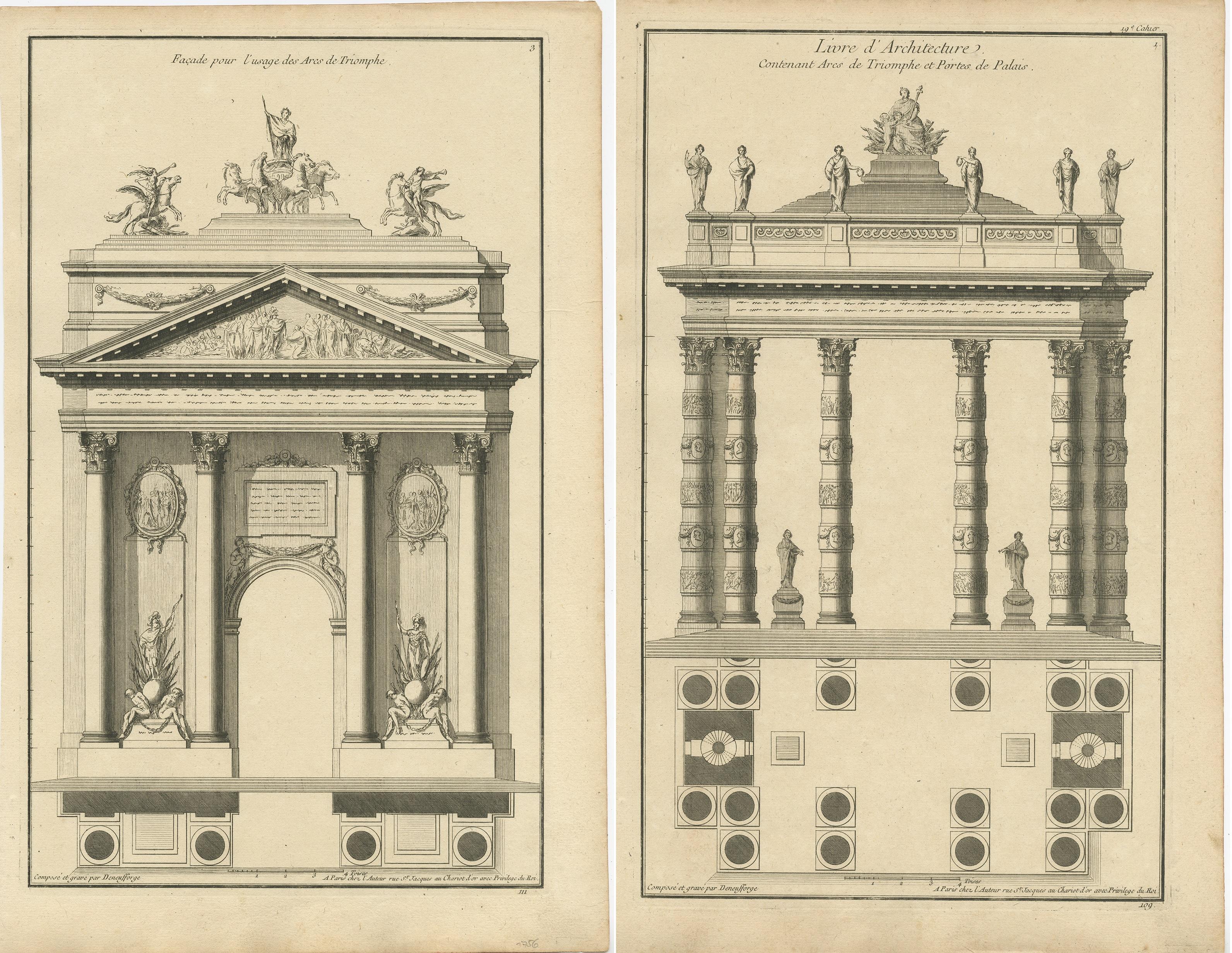 Satz von zwei antiken Architekturdrucken von Triumphbögen von Neufforge (18. Jahrhundert) im Angebot