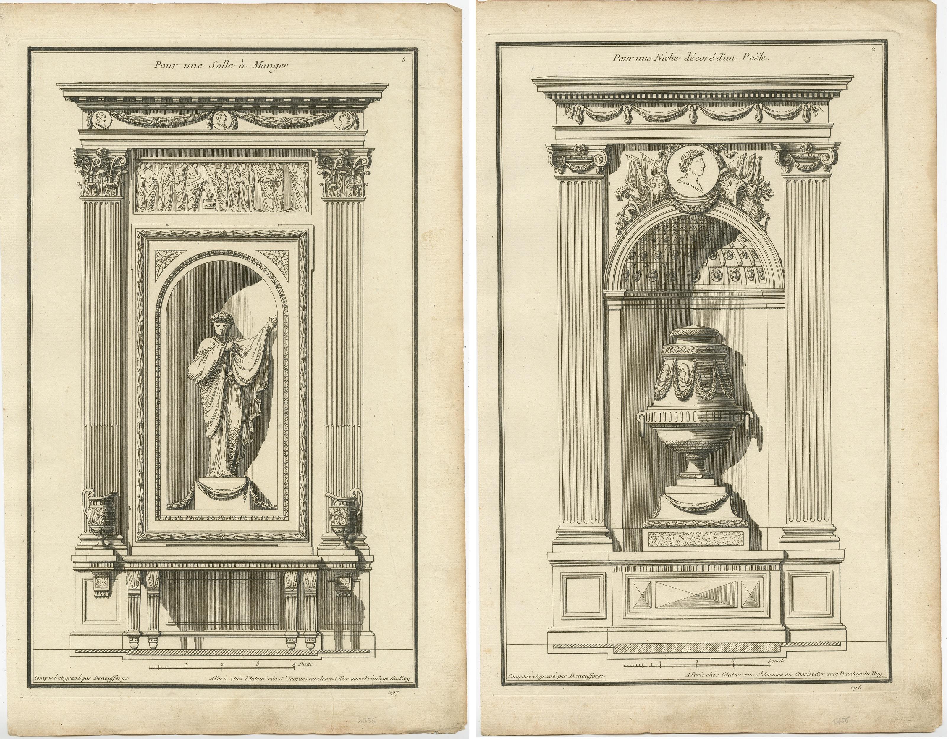 Set of Two Antique Archicture Prints of Wall Niches by Neufforge, circa 1770 In Good Condition For Sale In Langweer, NL