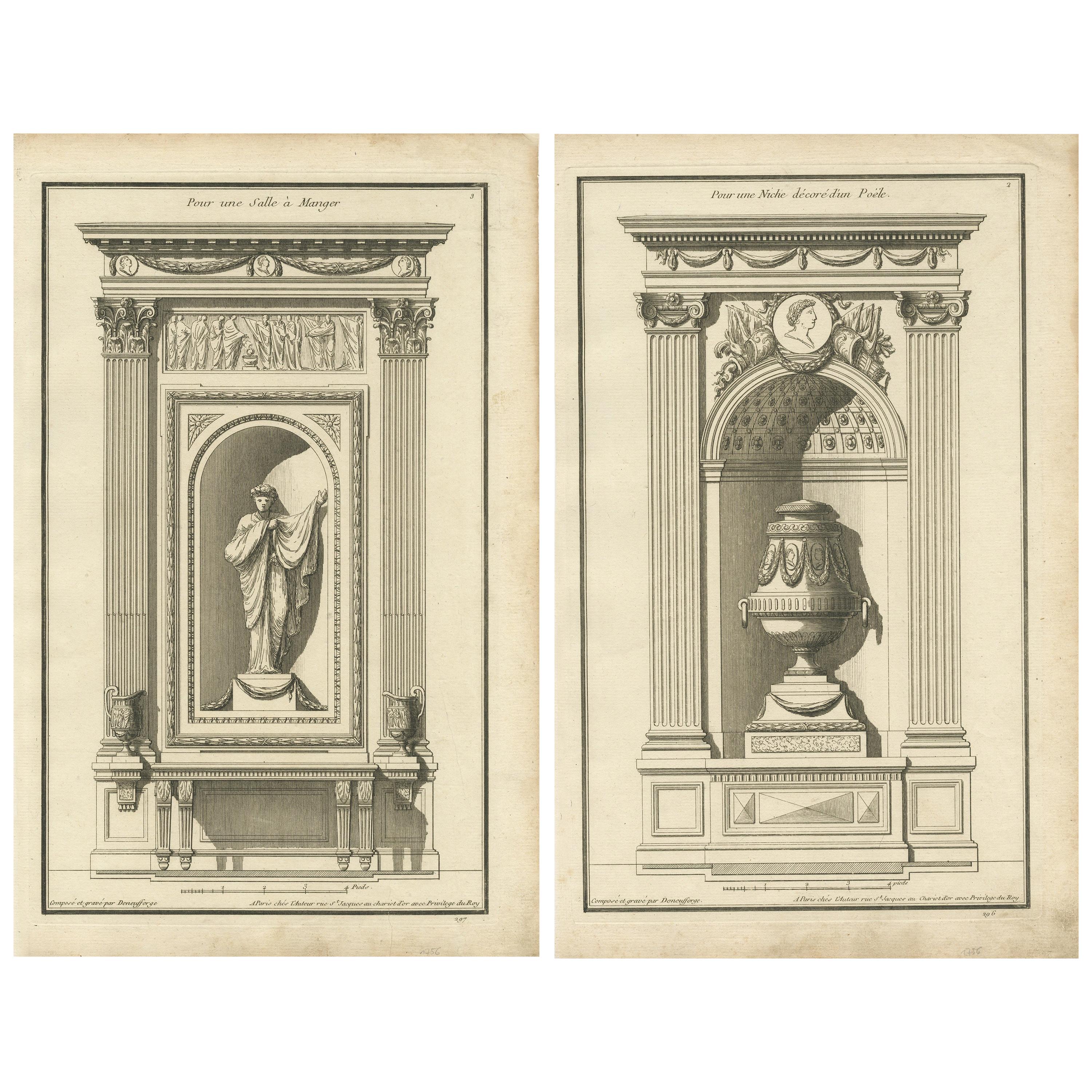 Set of Two Antique Archicture Prints of Wall Niches by Neufforge, circa 1770