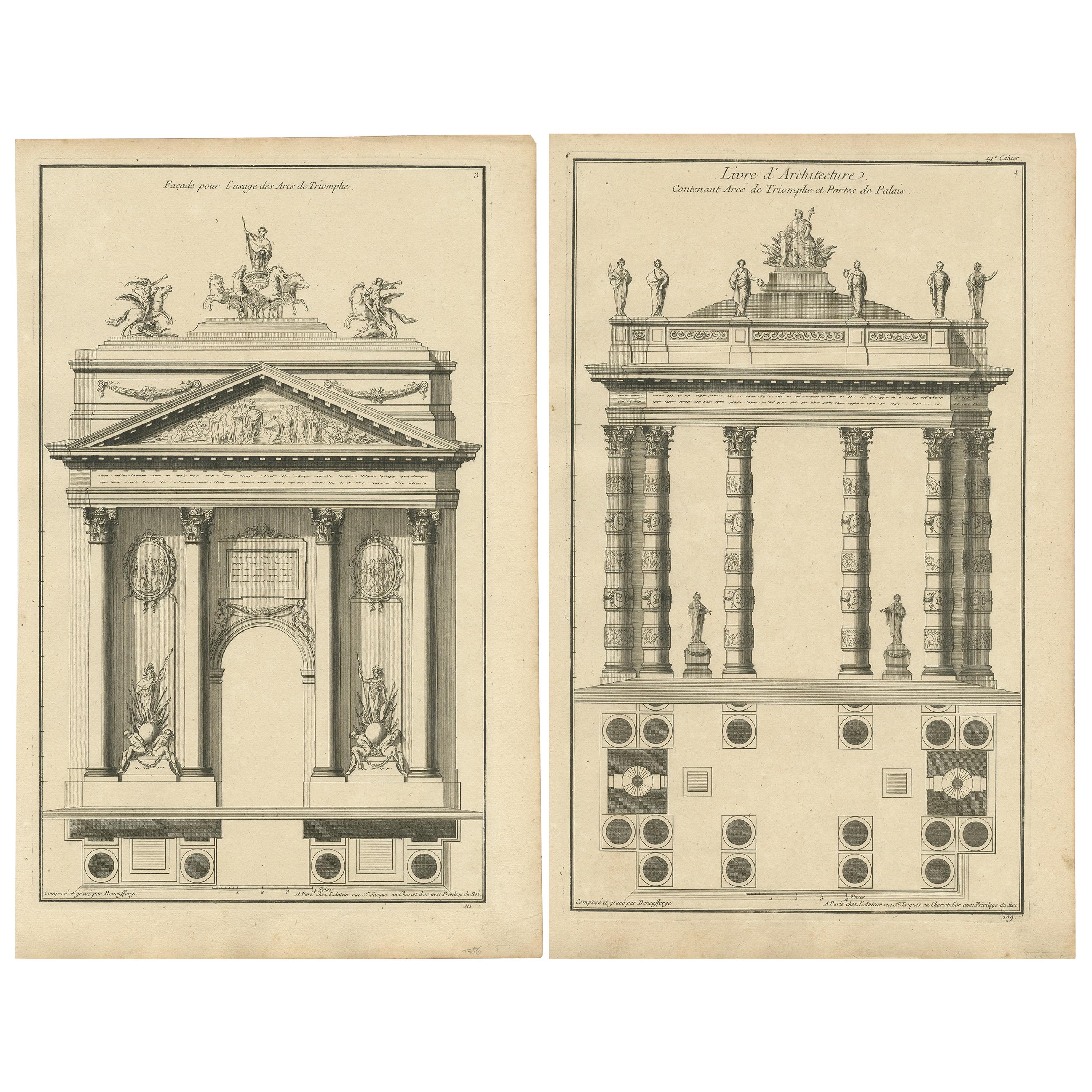 Satz von zwei antiken Architekturdrucken von Triumphbögen von Neufforge im Angebot
