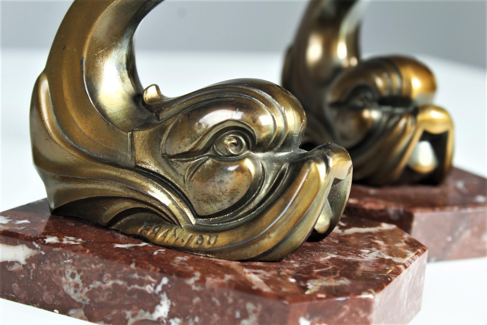 20th Century Set of Two Antique Bookends, Signed by the Artist Franjou, France, Art Deco For Sale