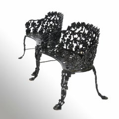 Set of Two Antique Cast Iron Grape & Leaf Garden Benches, Painted Black, c1940