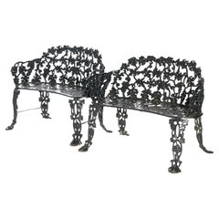 Set of Two Retro Cast Iron Grape & Leaf Garden Benches, Painted Black, c1940
